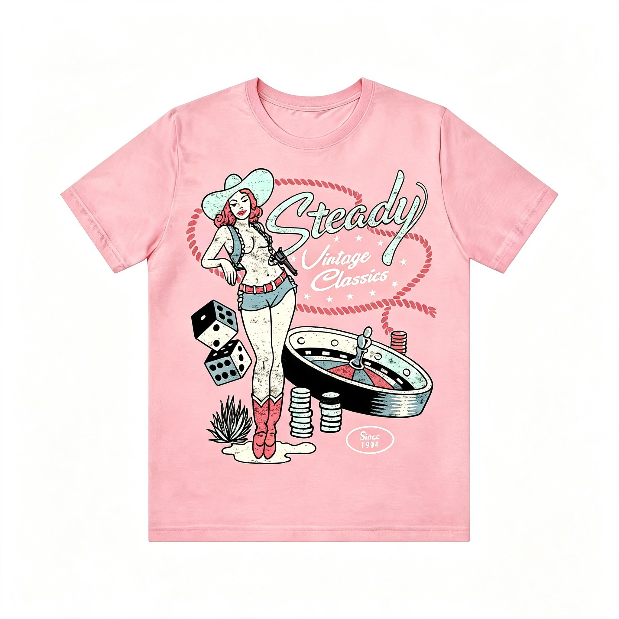 Retro Western Pin‑Up Cowgirl Gambling Dice Roulette Tee
