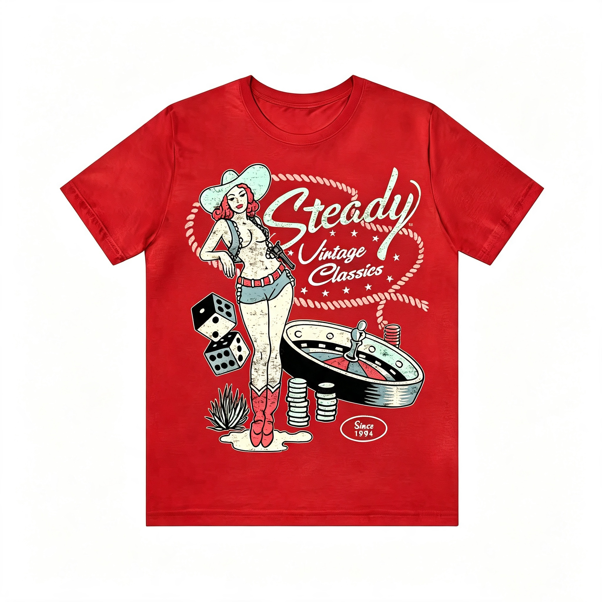 Retro Western Pin‑Up Cowgirl Gambling Dice Roulette Tee