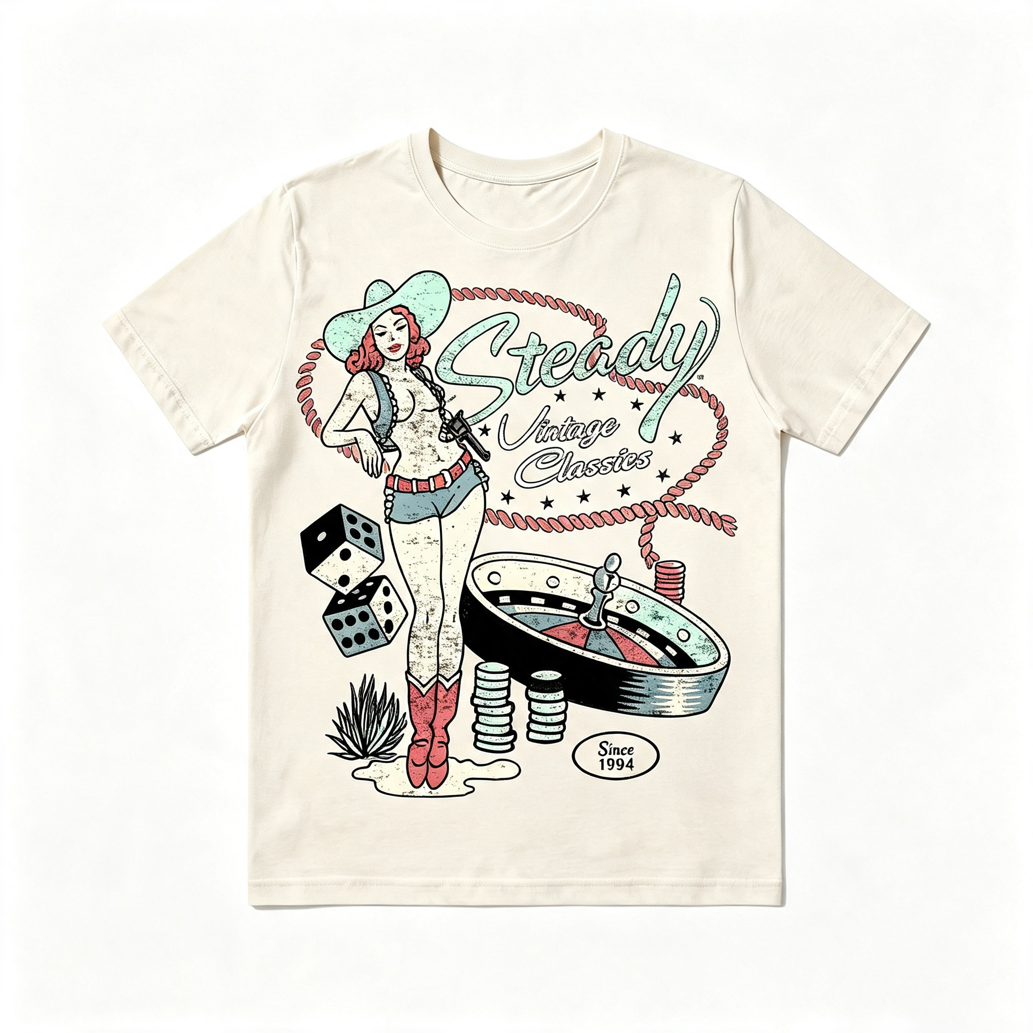 Retro Western Pin‑Up Cowgirl Gambling Dice Roulette Tee