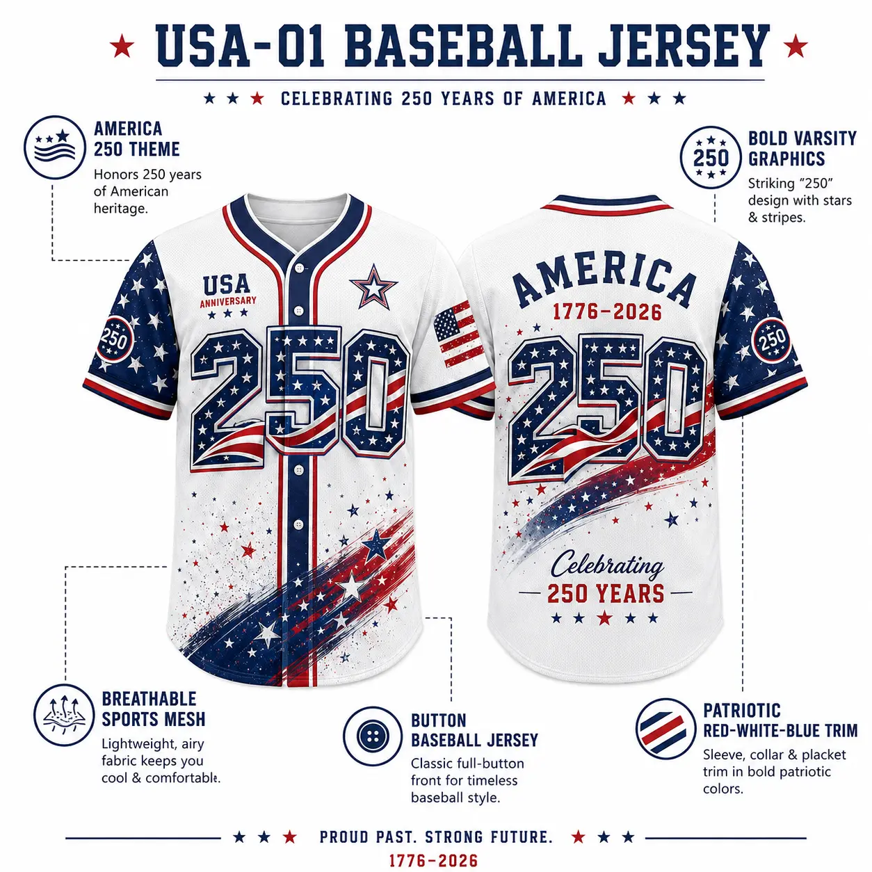 Men's USA 250th Anniversary Baseball Jersey - 1776-2026 Patriotic Button-Down Shirt