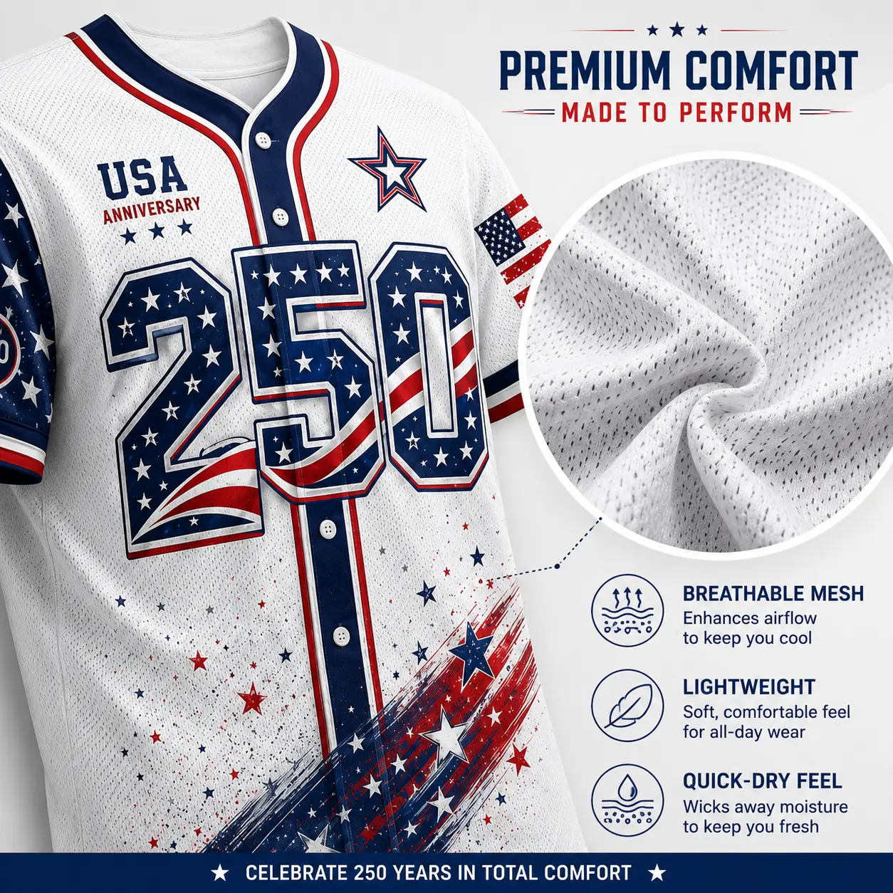Men's USA 250th Anniversary Baseball Jersey - 1776-2026 Patriotic Button-Down Shirt