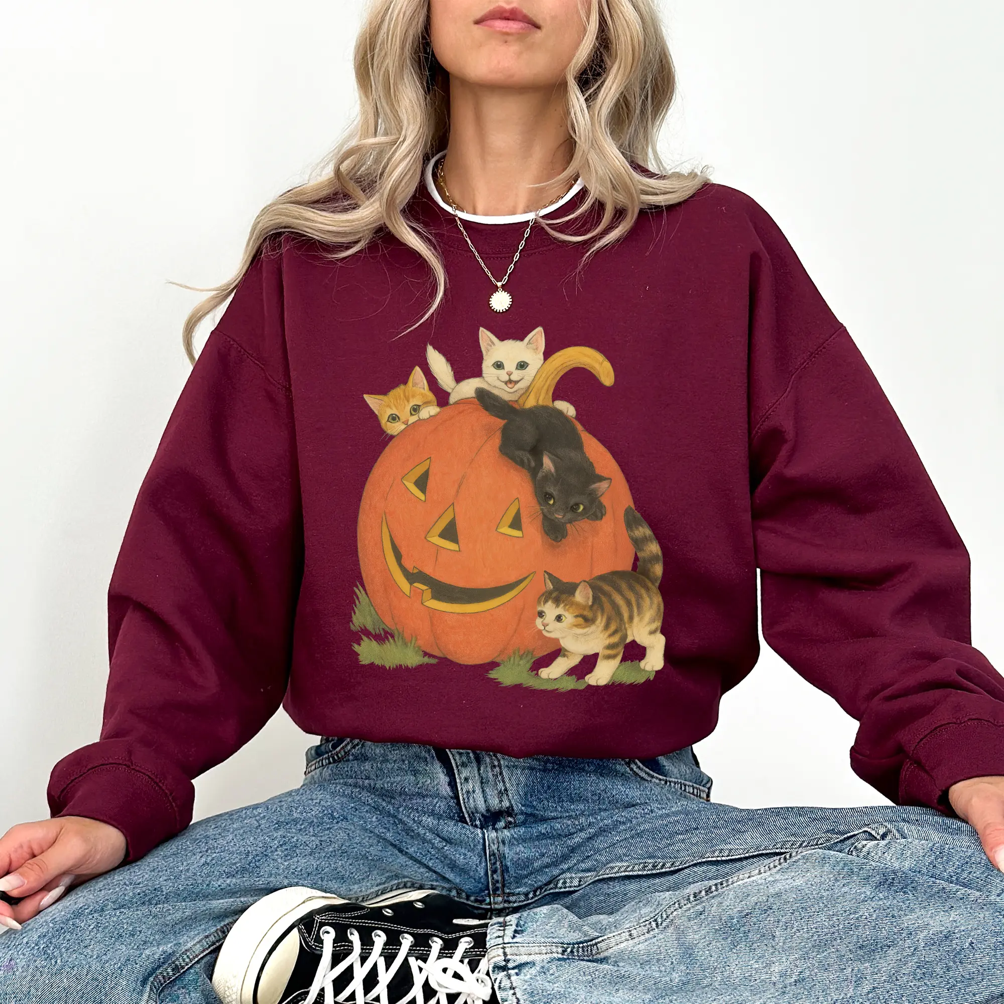 Vintage 90s Halloween Cat Crewneck Sweatshirt