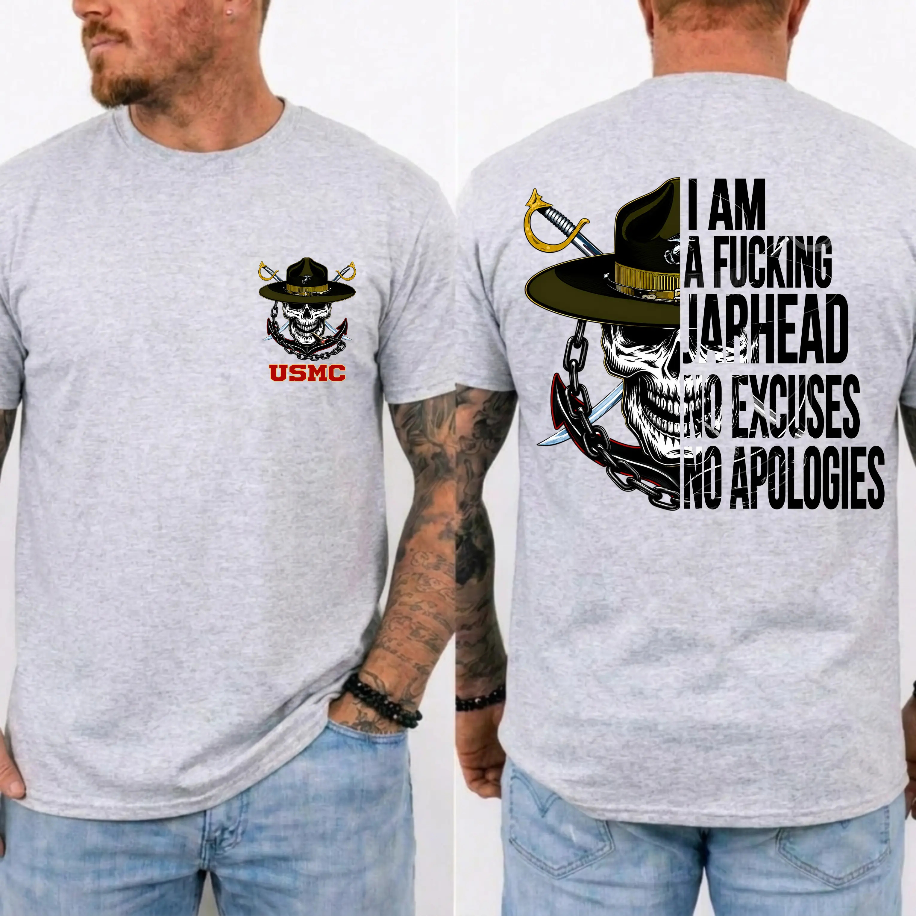 American Guardian USMC Jarhead Skull T-Shirt – No Excuses No Apologies Vintage Marine Graphic Tee