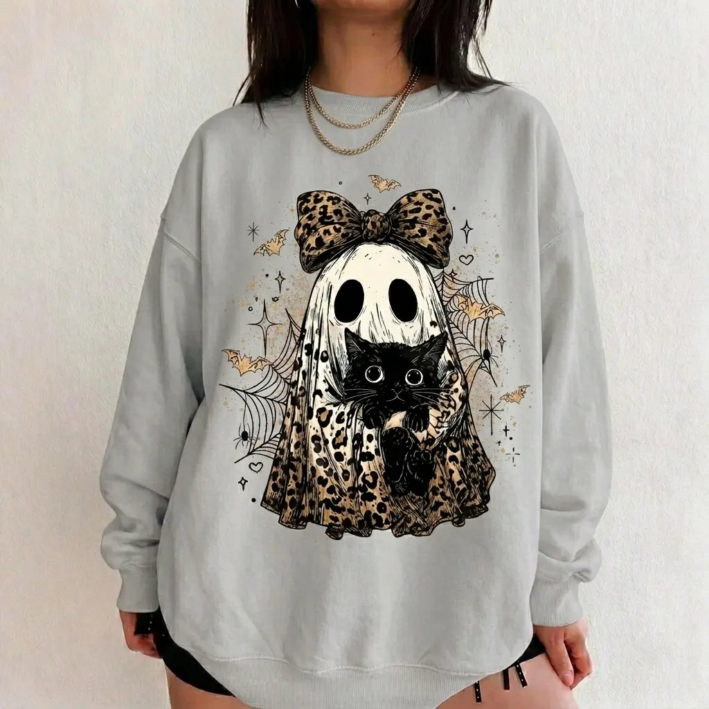 Leopard Ghost Cat Halloween Sweatshirt