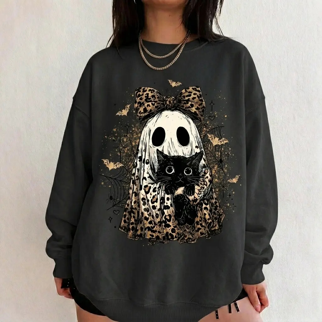 Leopard Ghost Cat Halloween Sweatshirt