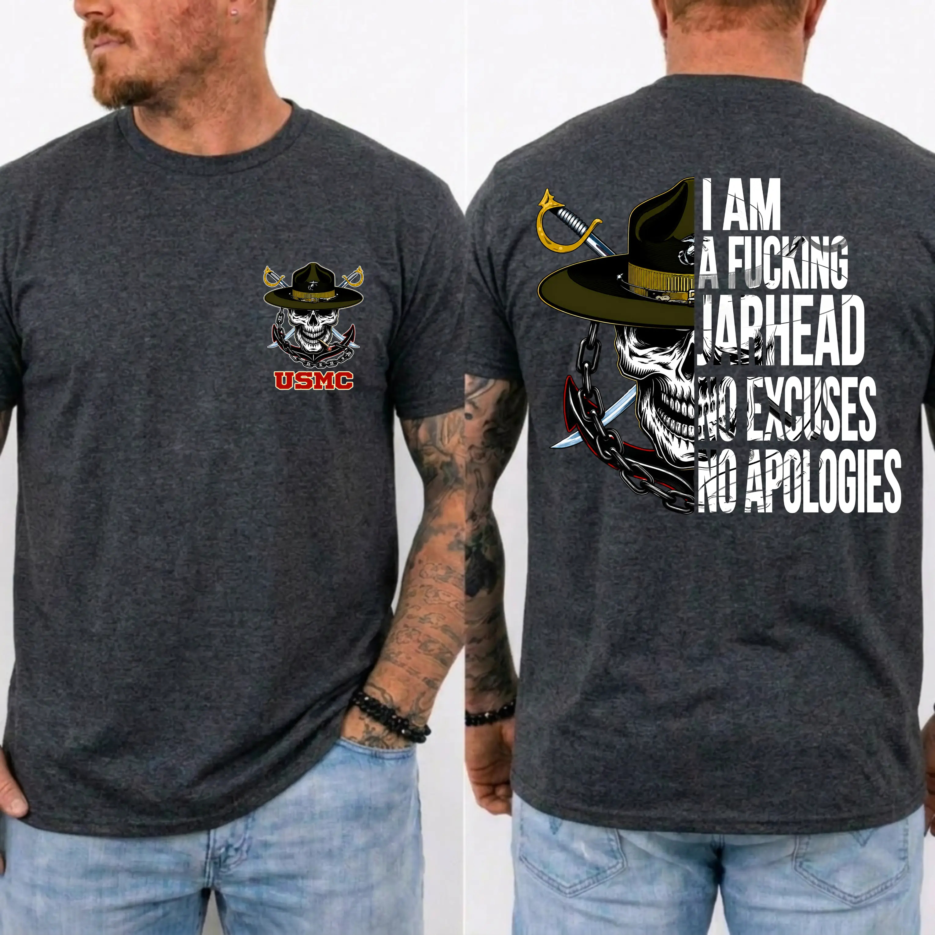 American Guardian USMC Jarhead Skull T-Shirt – No Excuses No Apologies Vintage Marine Graphic Tee