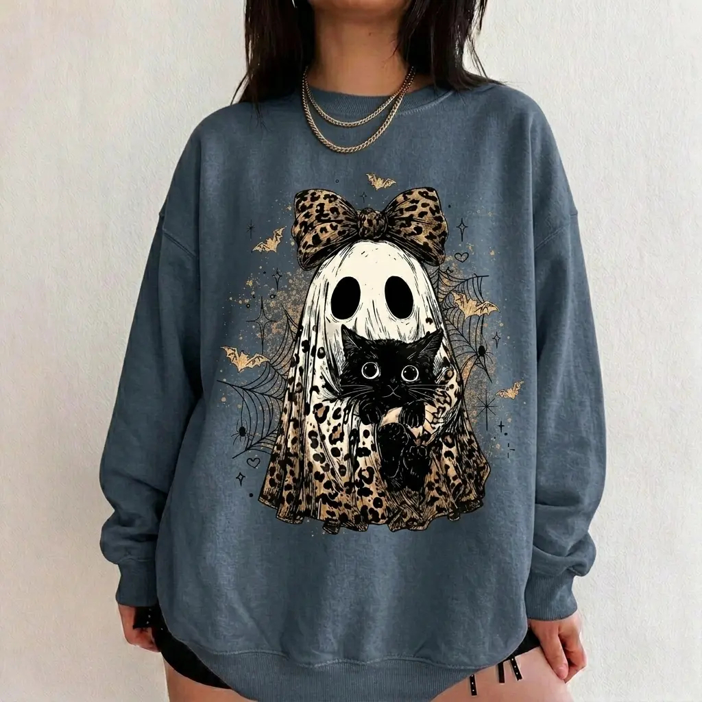 Leopard Ghost Cat Halloween Sweatshirt
