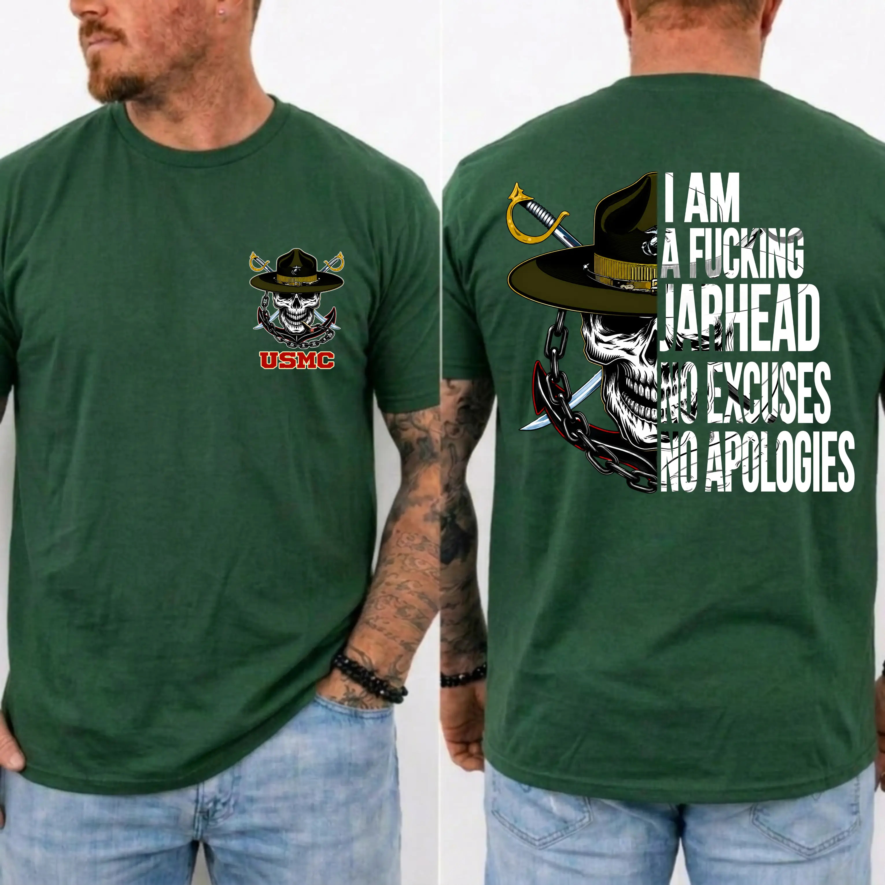 American Guardian USMC Jarhead Skull T-Shirt – No Excuses No Apologies Vintage Marine Graphic Tee