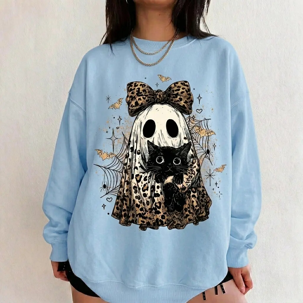 Leopard Ghost Cat Halloween Sweatshirt