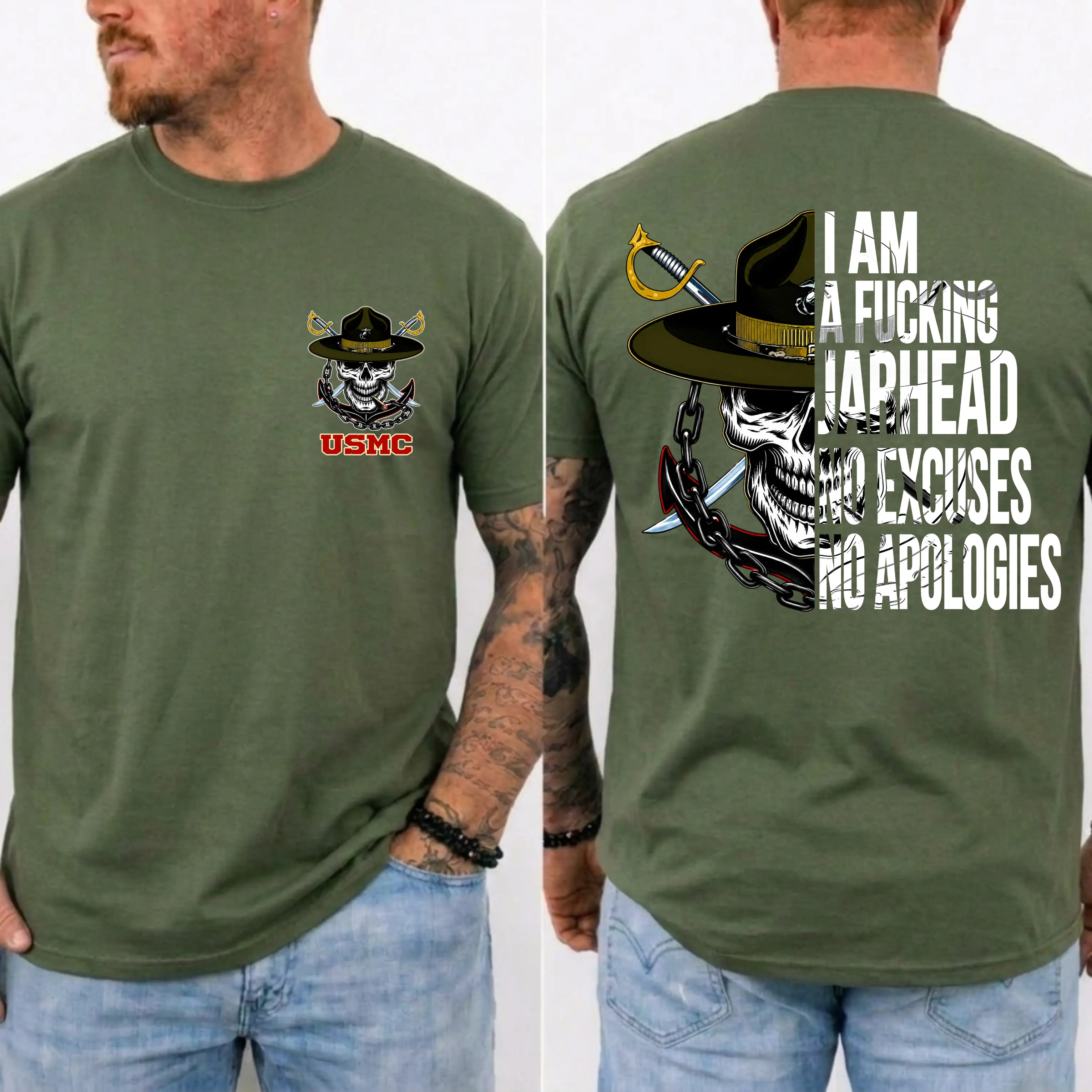 American Guardian USMC Jarhead Skull T-Shirt – No Excuses No Apologies Vintage Marine Graphic Tee