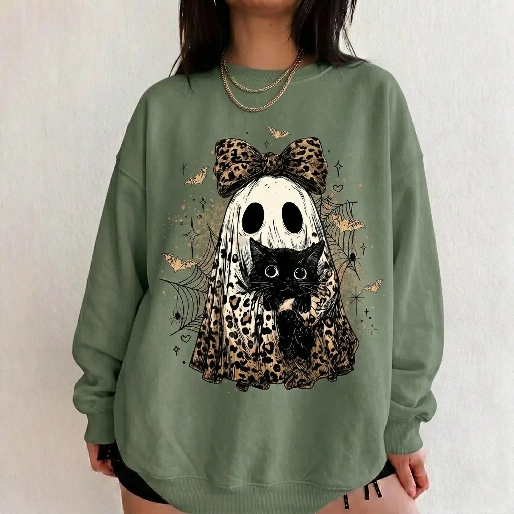 Leopard Ghost Cat Halloween Sweatshirt