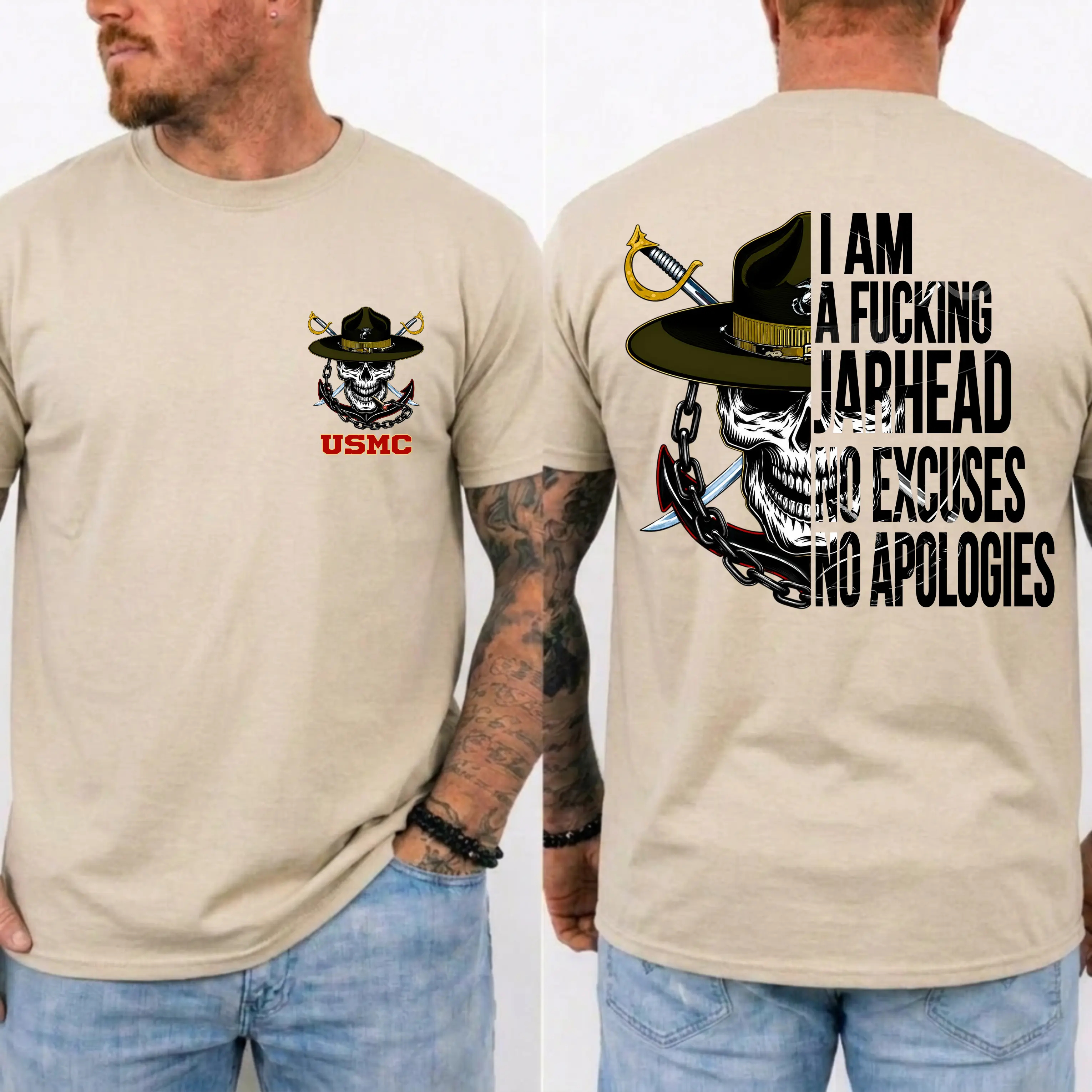 American Guardian USMC Jarhead Skull T-Shirt – No Excuses No Apologies Vintage Marine Graphic Tee