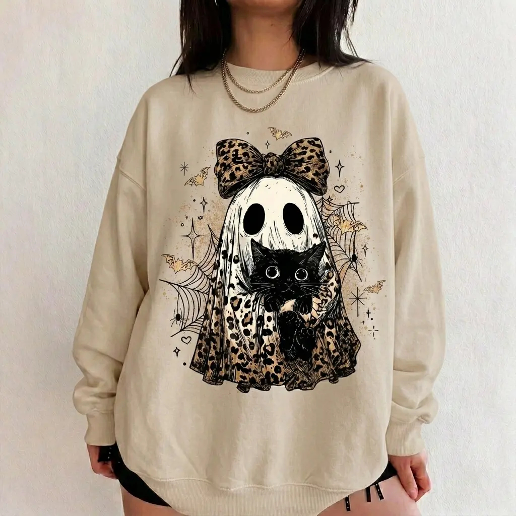 Leopard Ghost Cat Halloween Sweatshirt
