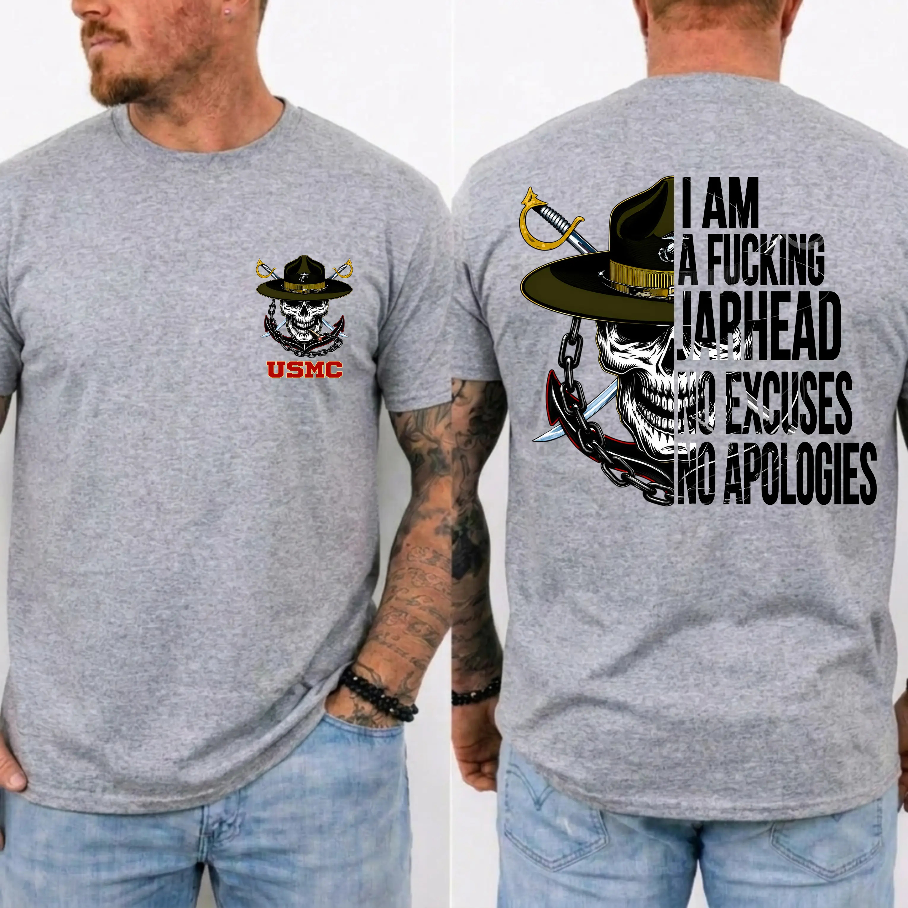 American Guardian USMC Jarhead Skull T-Shirt – No Excuses No Apologies Vintage Marine Graphic Tee