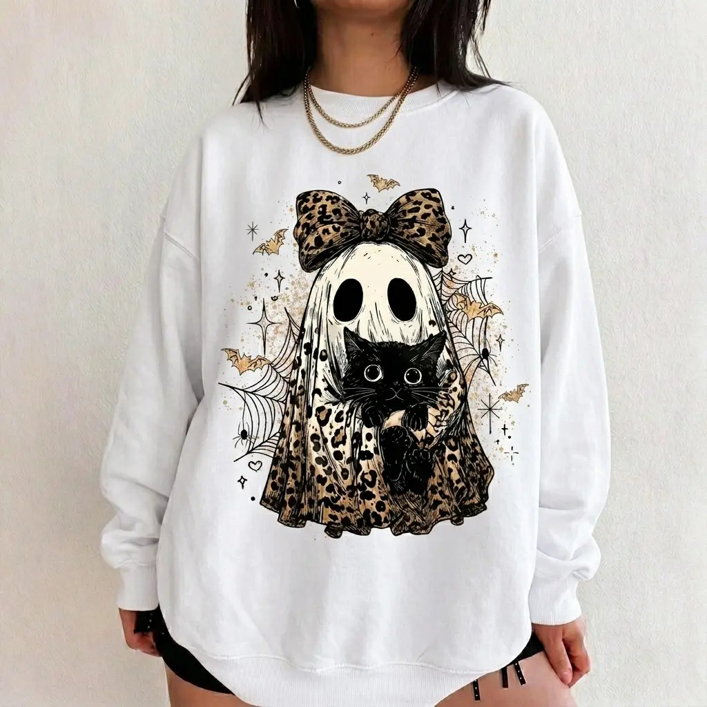 Leopard Ghost Cat Halloween Sweatshirt