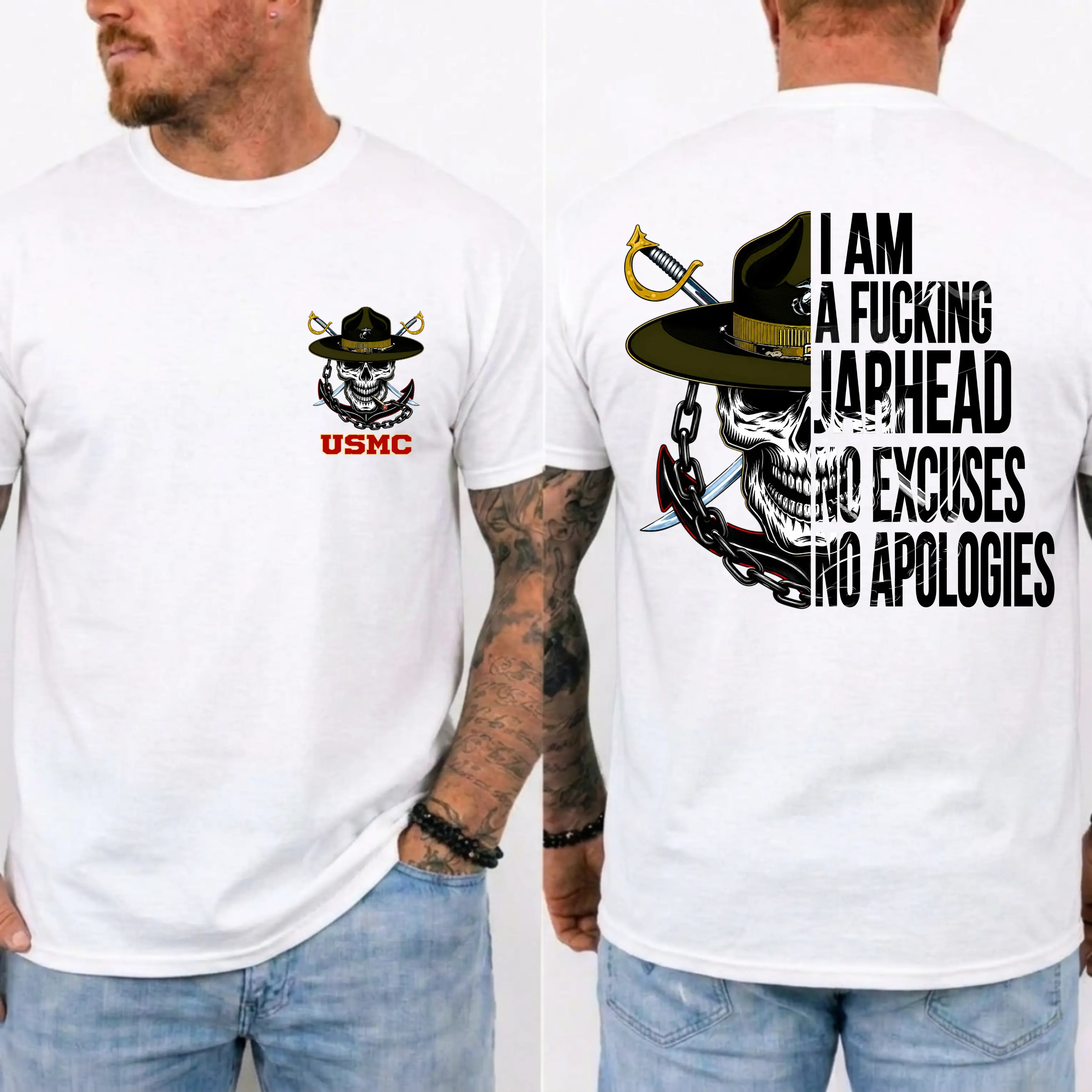 American Guardian USMC Jarhead Skull T-Shirt – No Excuses No Apologies Vintage Marine Graphic Tee