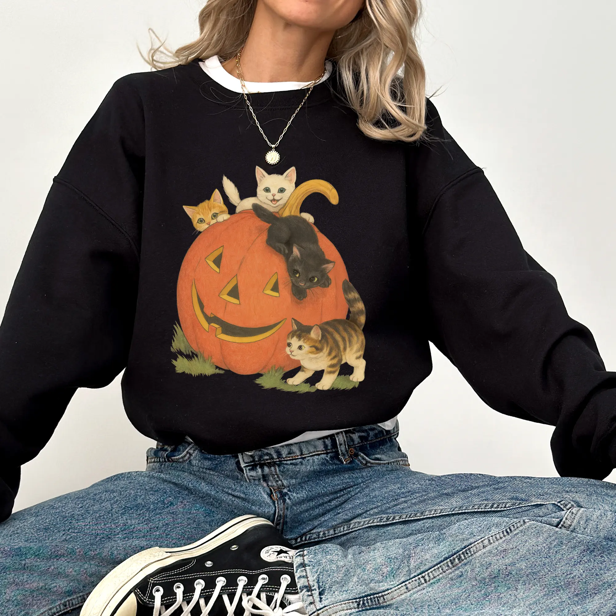 Vintage 90s Halloween Cat Crewneck Sweatshirt