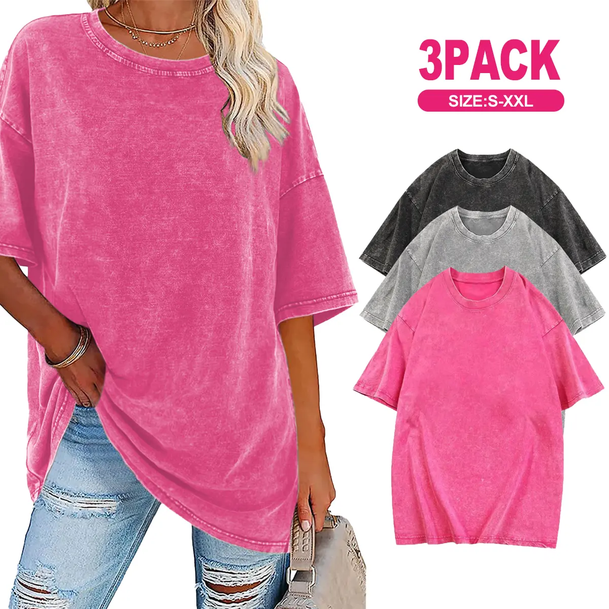 Holafish 3-Pack Unisex Cotton Half Short Sleeves Casual Loose Solid Streetwear T-Shirts Soft Retro Street Top for Fitness Oversized Crewneck Round Neck Garments Summer - Piece