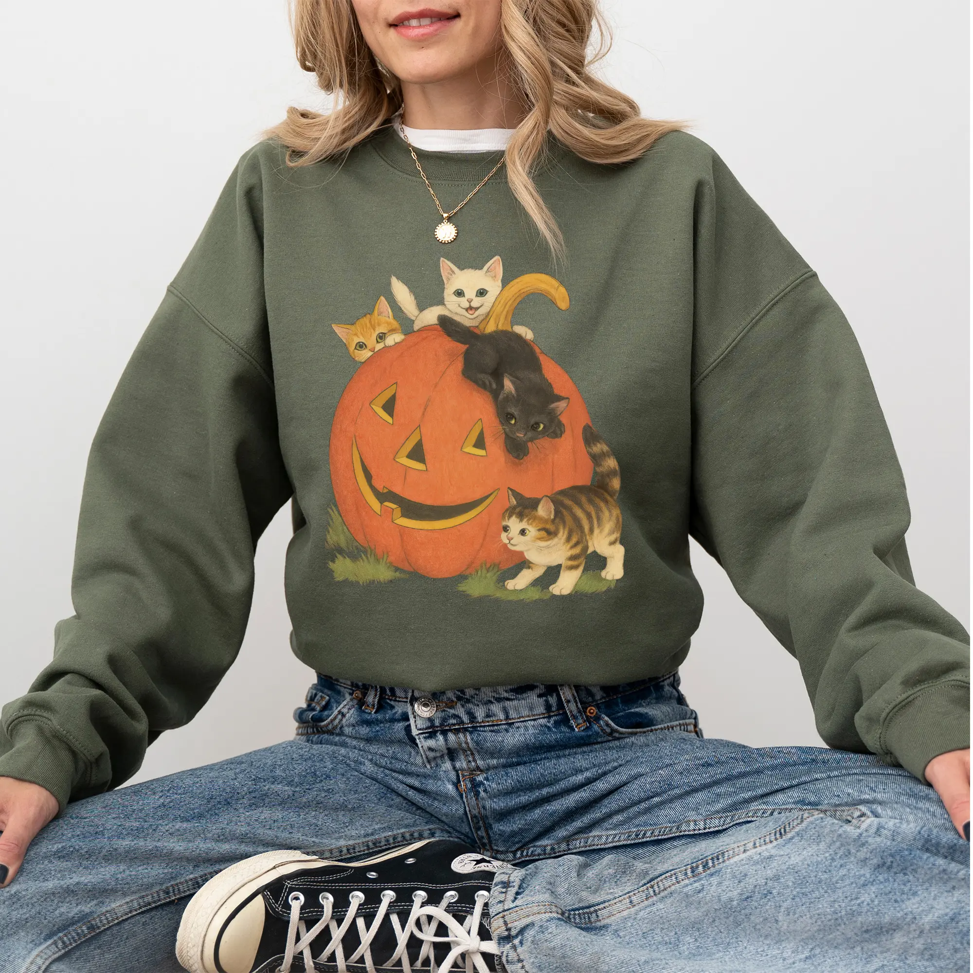 Vintage 90s Halloween Cat Crewneck Sweatshirt
