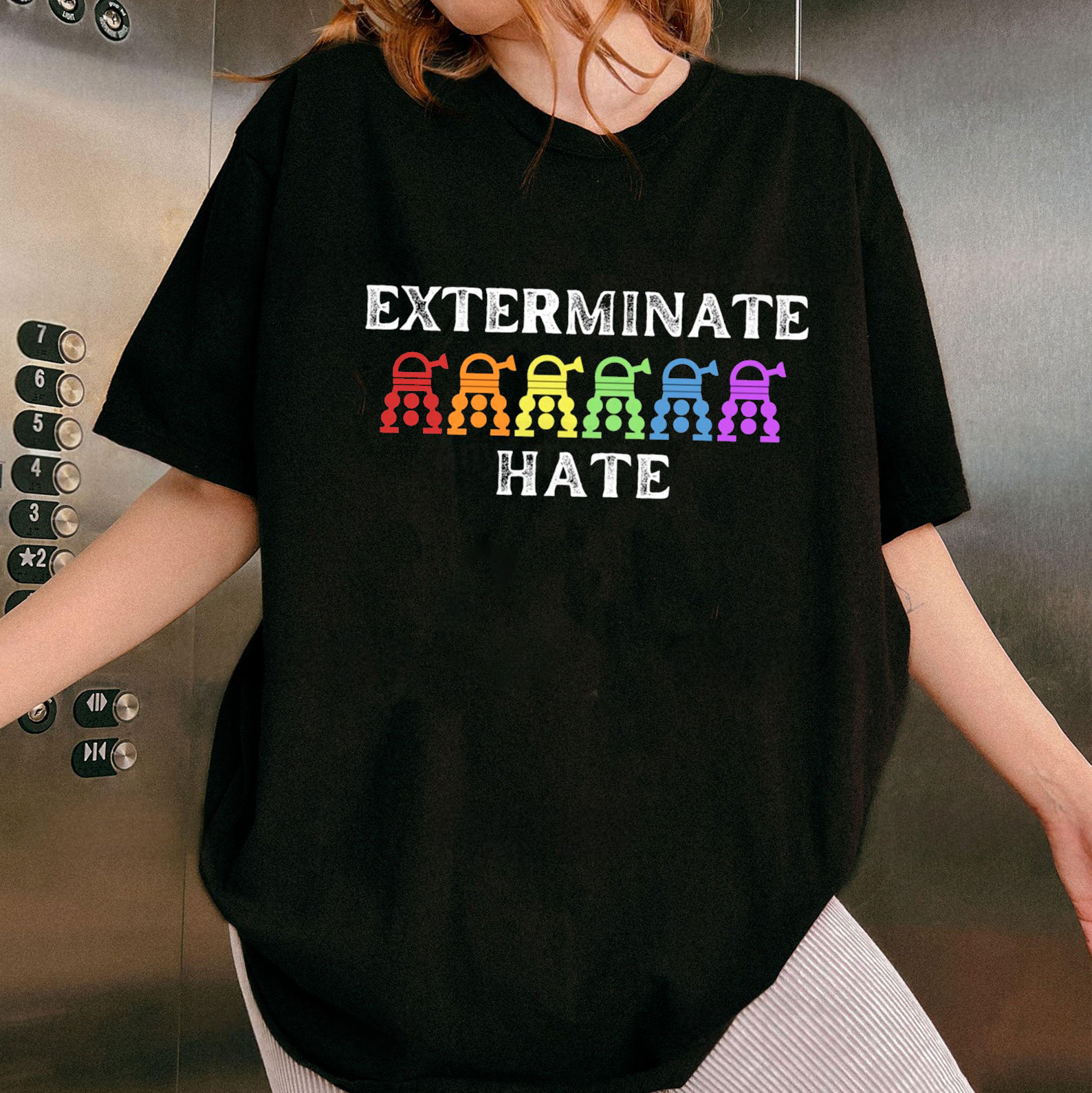 Doctor Who PRIDE Exterminate Hate, Themed Rainbow Dalek Parody Unisex T-shirt