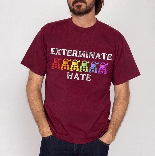 Doctor Who PRIDE Exterminate Hate, Themed Rainbow Dalek Parody Unisex T-shirt
