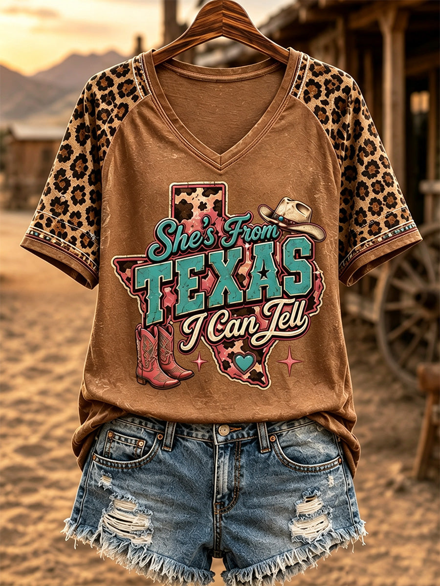 Women's She's From Texas I Can Tell Print Casual V-Neck Tee