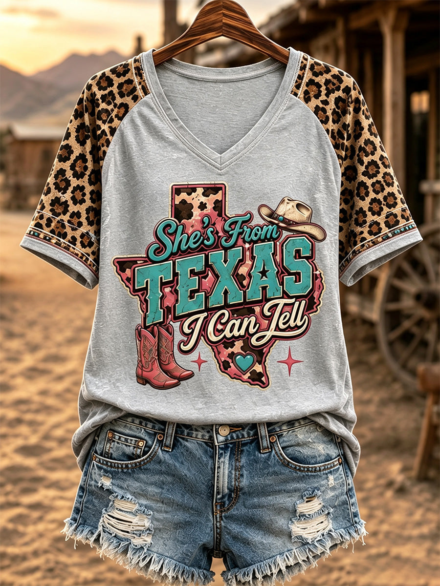 Women's She's From Texas I Can Tell Print Casual V-Neck Tee
