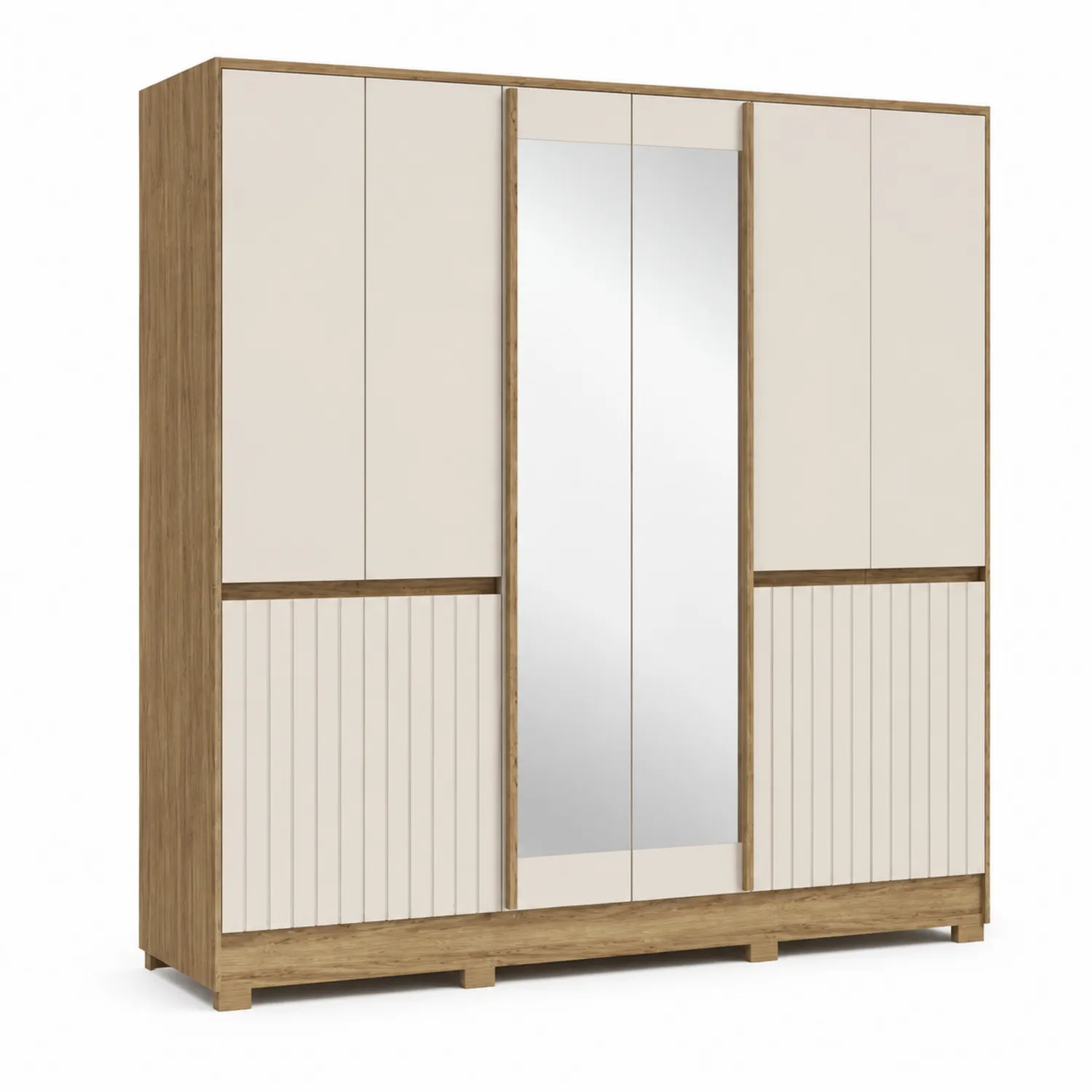 Armadio 6 Ante con Specchio in Legno e Pannelli Bianchi, 200x60x220 cm-Elqironix