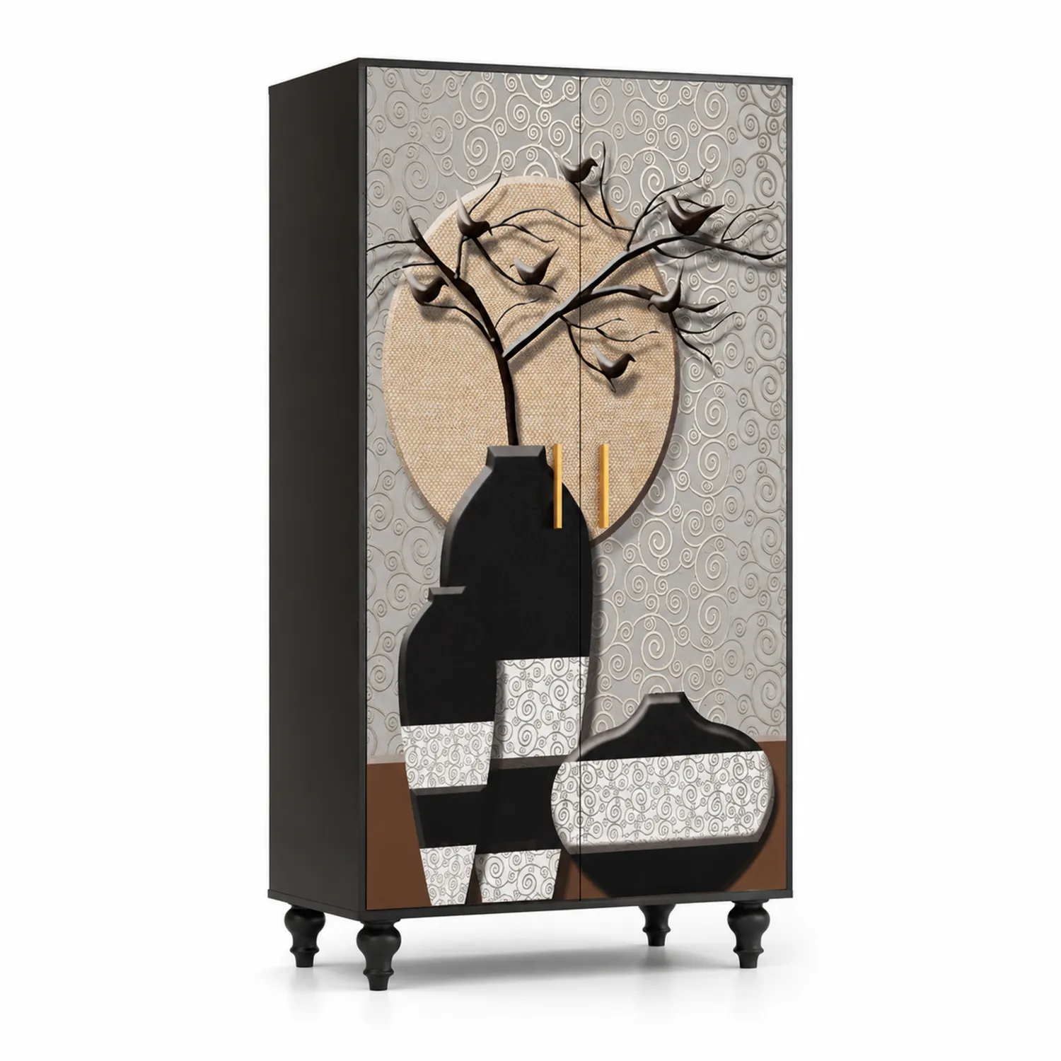 Armadio artistico a due ante in legno e metallo, Nero/Marrone-Elqironix