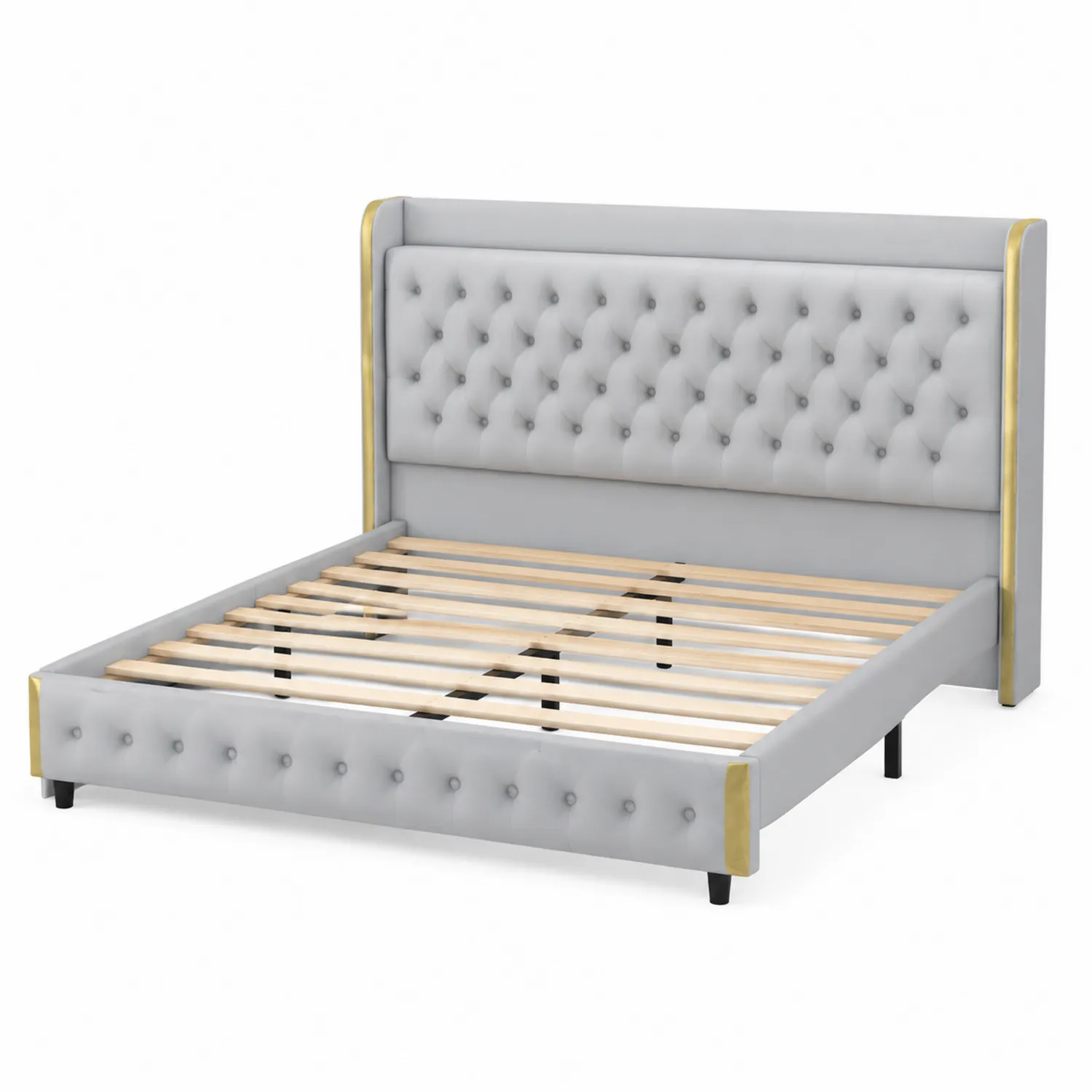 Letto matrimoniale in legno con testiera in tessuto grigio e dettagli metallici, 180x200 cm-Elqironix