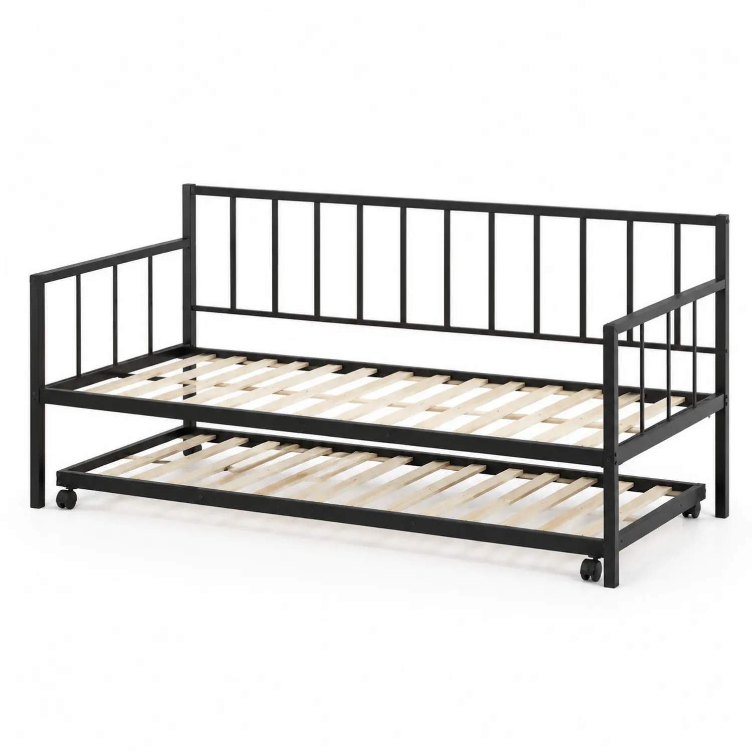 Letto singolo in metallo nero con letto estraibile e doghe in legno-Elqironix