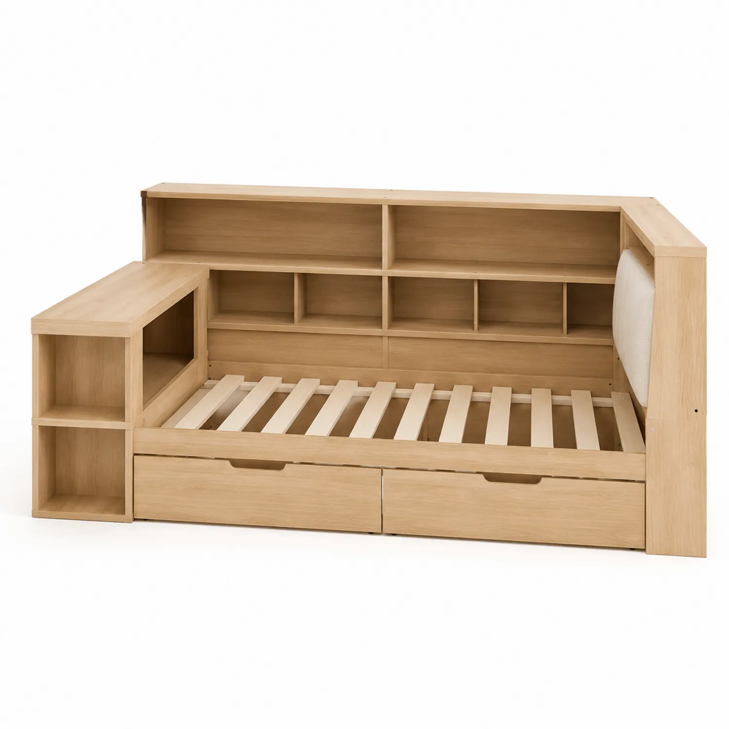 Divano letto in legno con scaffali e cassetti integrati-Elqironix