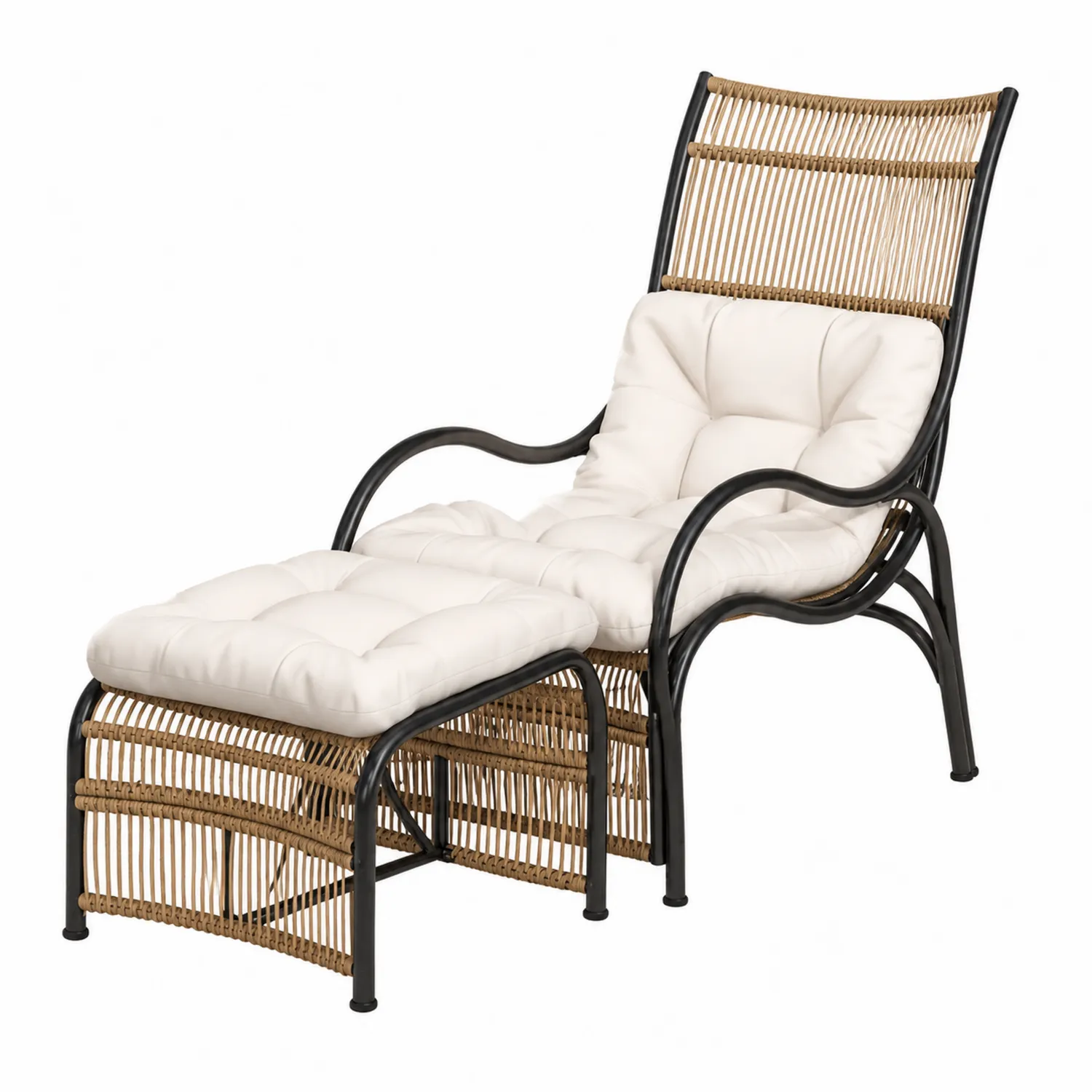 Poltrona Sdraio con Poggiapiedi in Rattan e Tessuto Bianco-Elqironix