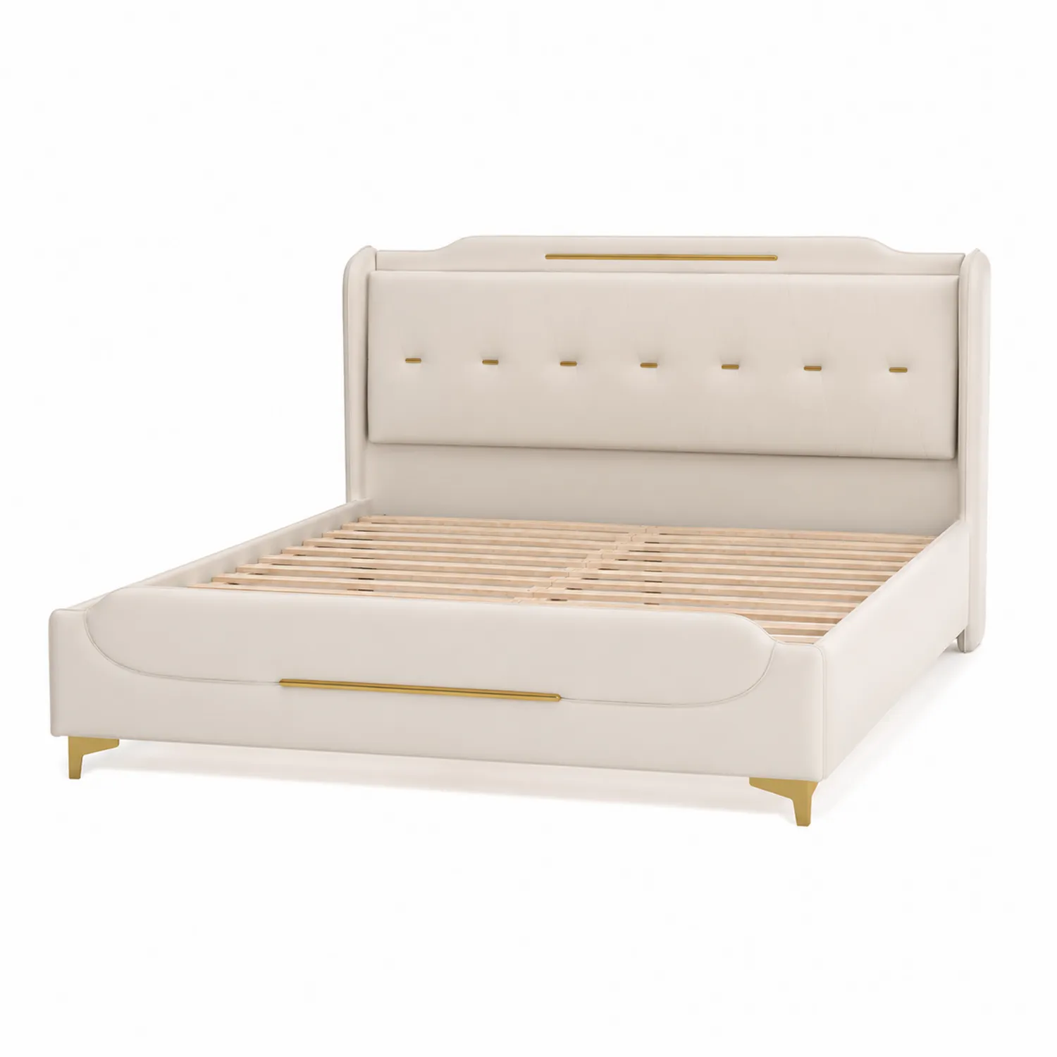 Letto matrimoniale in legno e tessuto beige con dettagli metallici dorati-Elqironix
