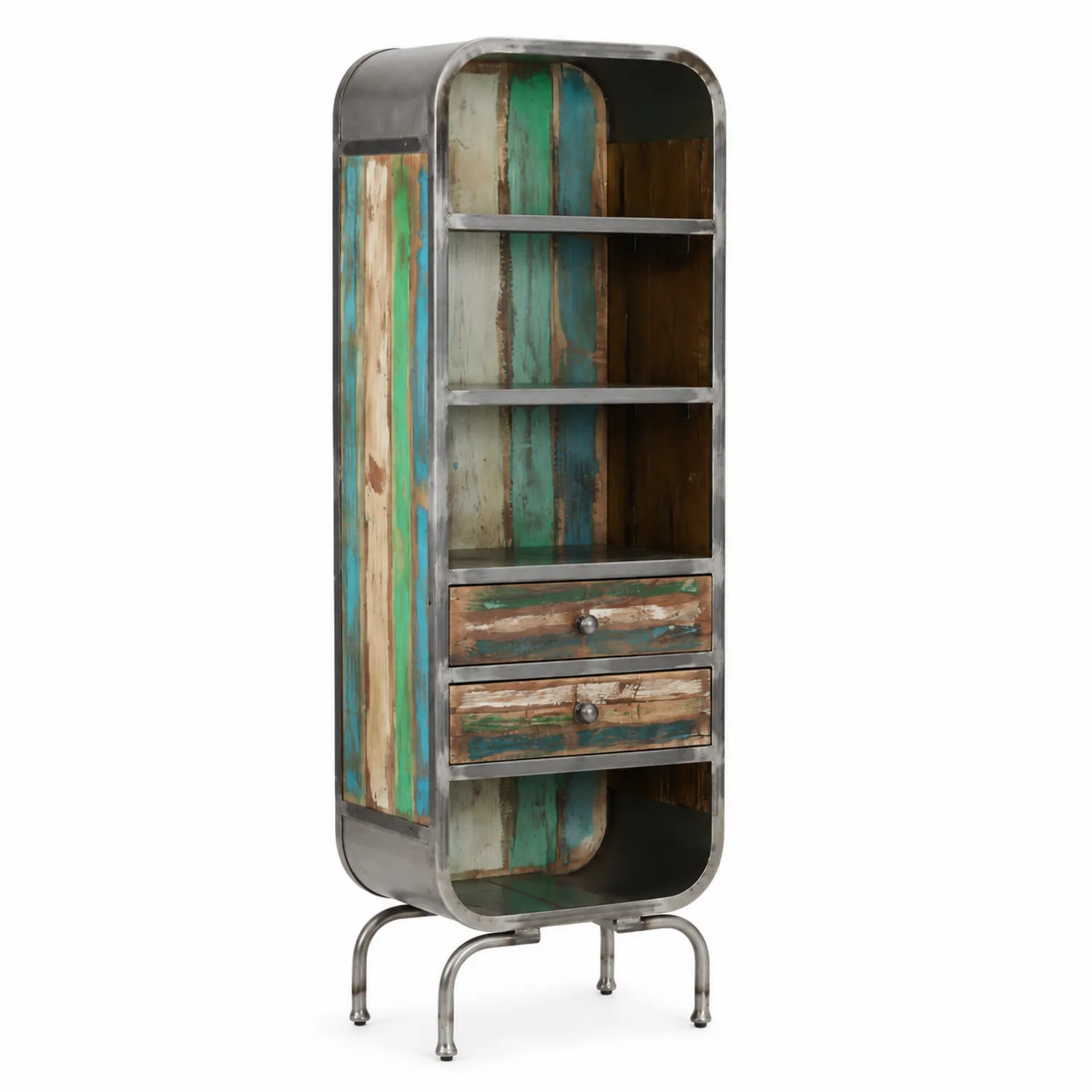 Libreria in Metallo e Legno di Recupero con Cassetti 180x60x40 cm-Elqironix