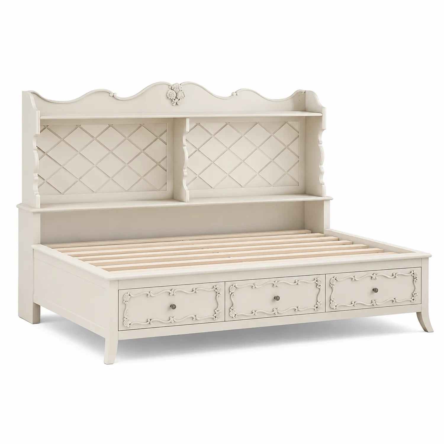 Daybed in legno con scaffali e cassetti Crema 200x100 cm-Elqironix