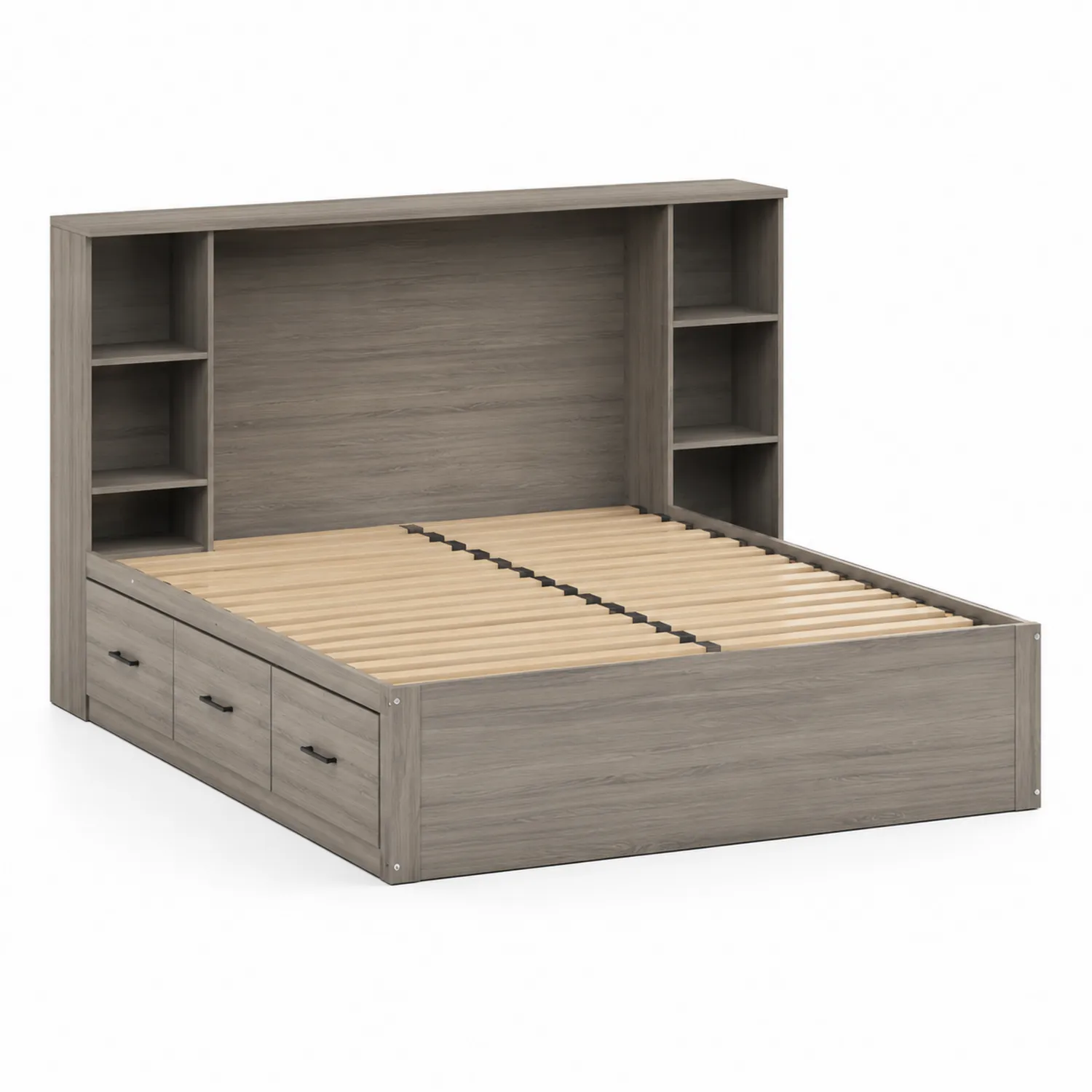 Letto contenitore con libreria e cassetti in legno composito grigio-Elqironix