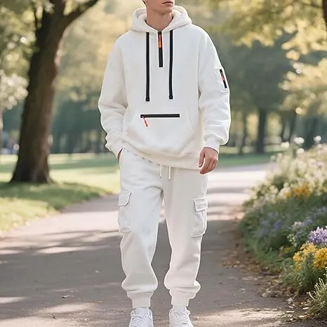 Men’s Fleece-Lined 2-Piece Tracksuit: Tactical Quarter-Zip Hoodie + Cargo Joggers