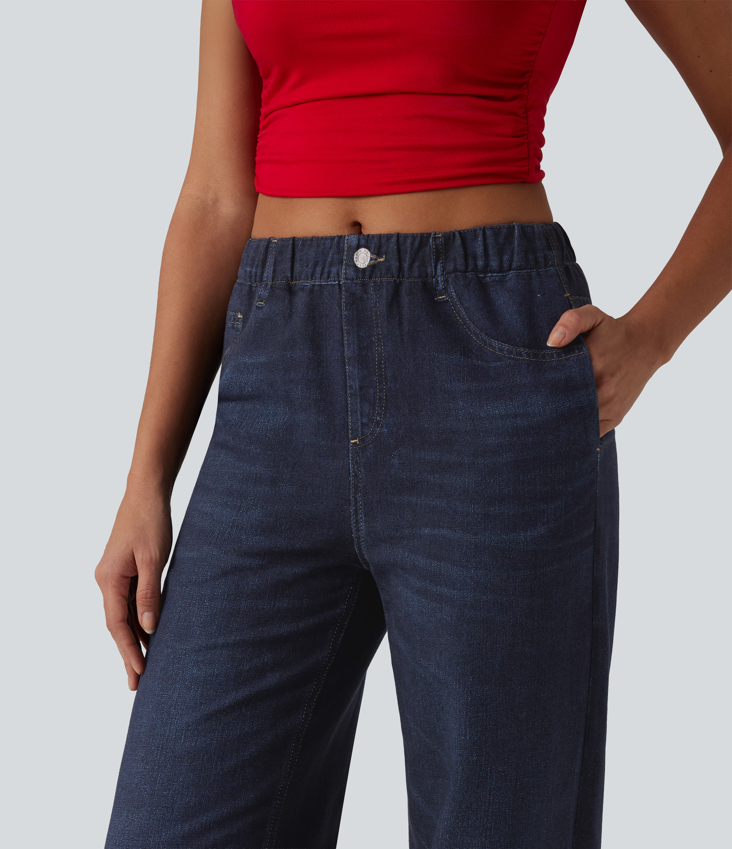 Mid Rise Denim Print French Terry Casual Sweatpants Jeans with Pockets - Pageant Indigo Denim