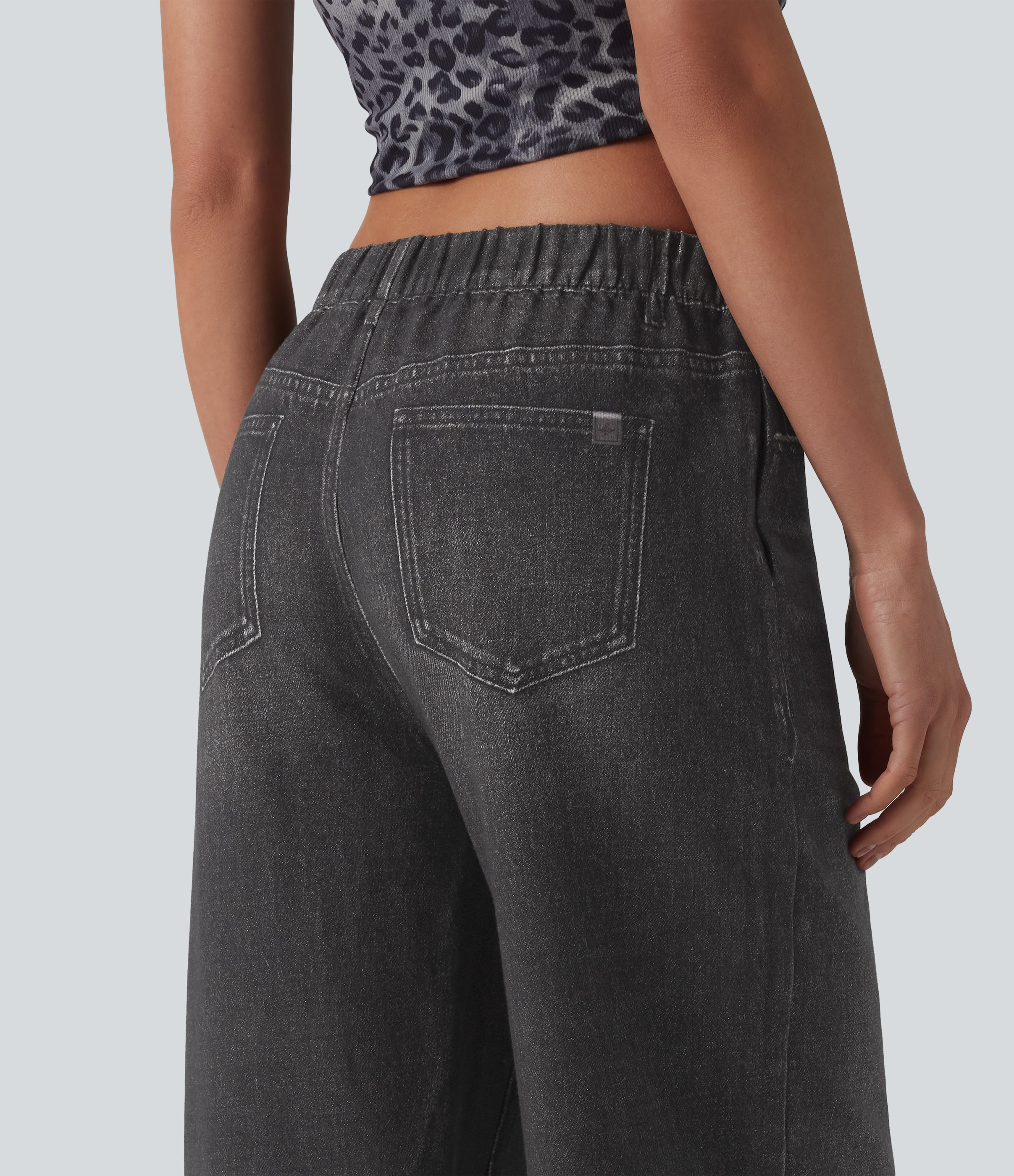 Mid Rise Denim Print French Terry Casual Sweatpants Jeans with Pockets - Smoky Washed Black