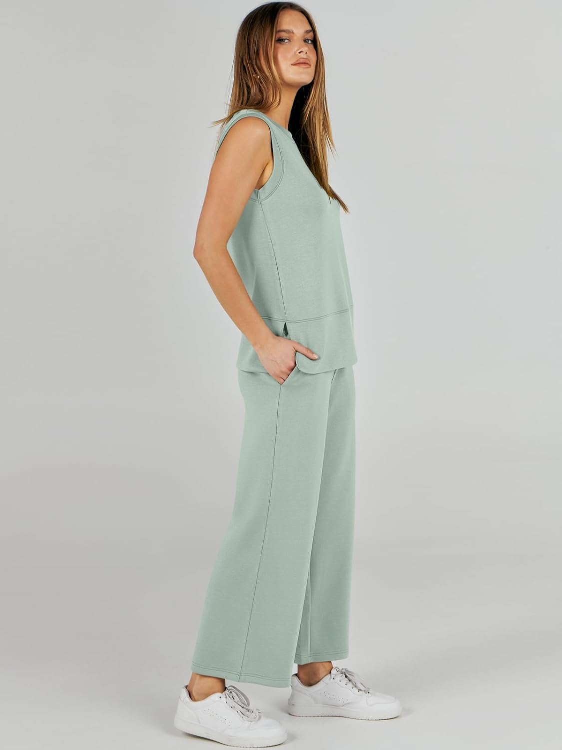 Women's 2 Piece Sets Summer Outfits Sleeveless Wide Leg Tracksuits Casual Sweat Sets Lounge Sweatsuits
