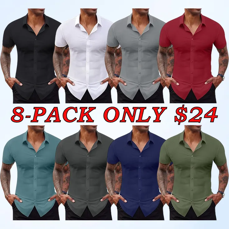 Men's Short Sleeve Stretch Slim Fit Casual Button Down Shirts
