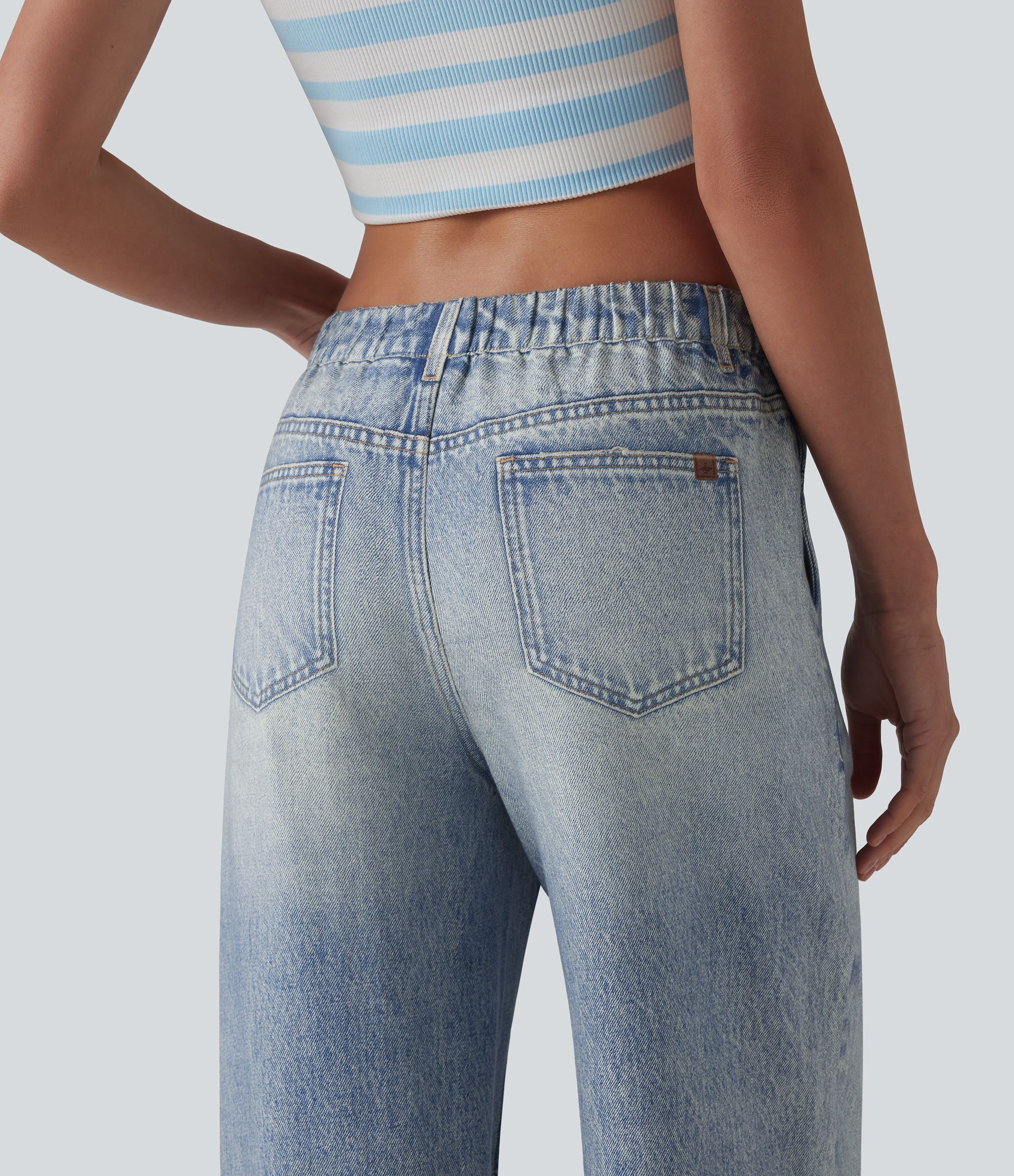 Mid Rise Denim Print French Terry Casual Sweatpants Jeans with Pockets - Soft Breeze Blue