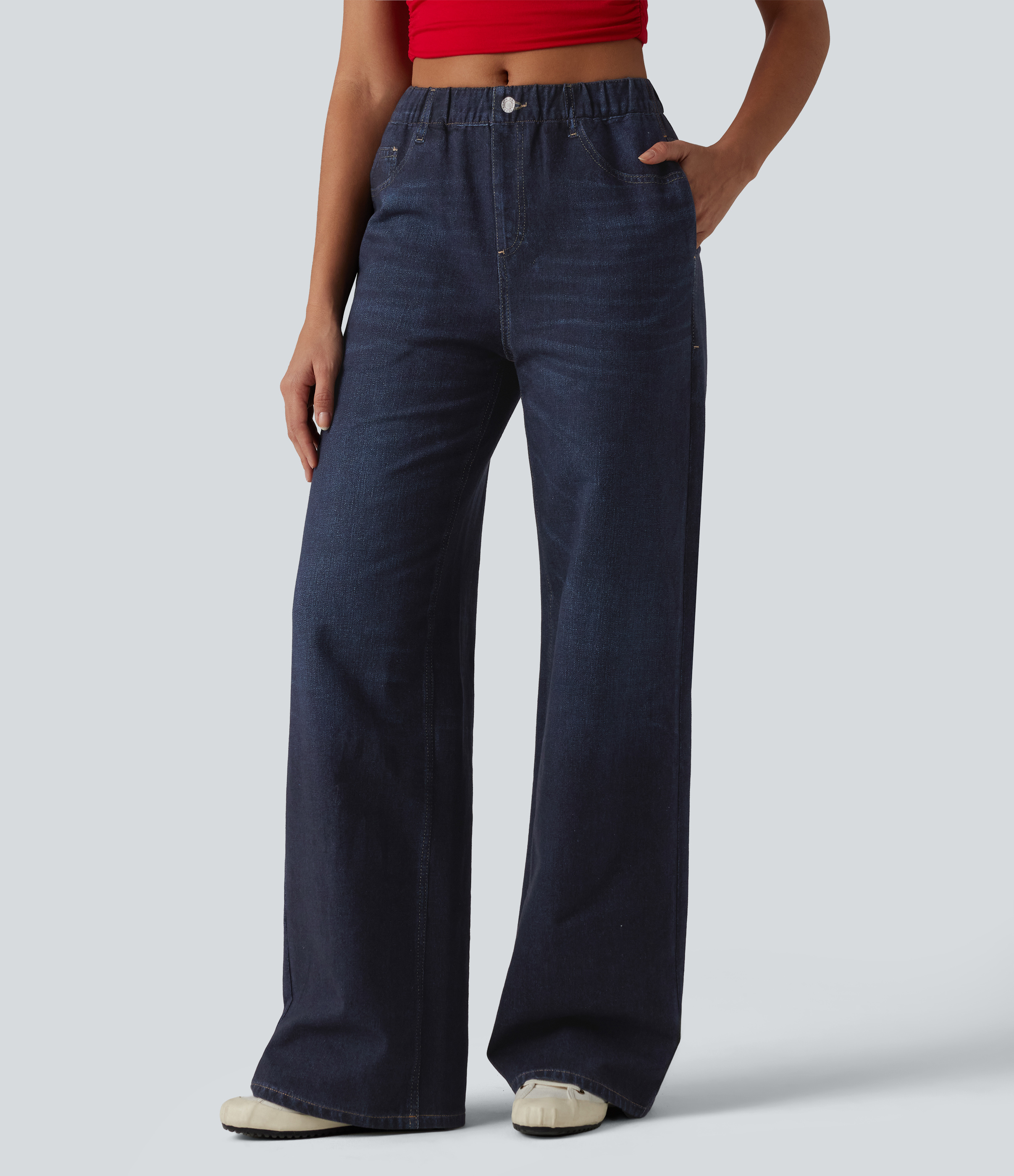 Mid Rise Denim Print French Terry Casual Sweatpants Jeans with Pockets - Pageant Indigo Denim