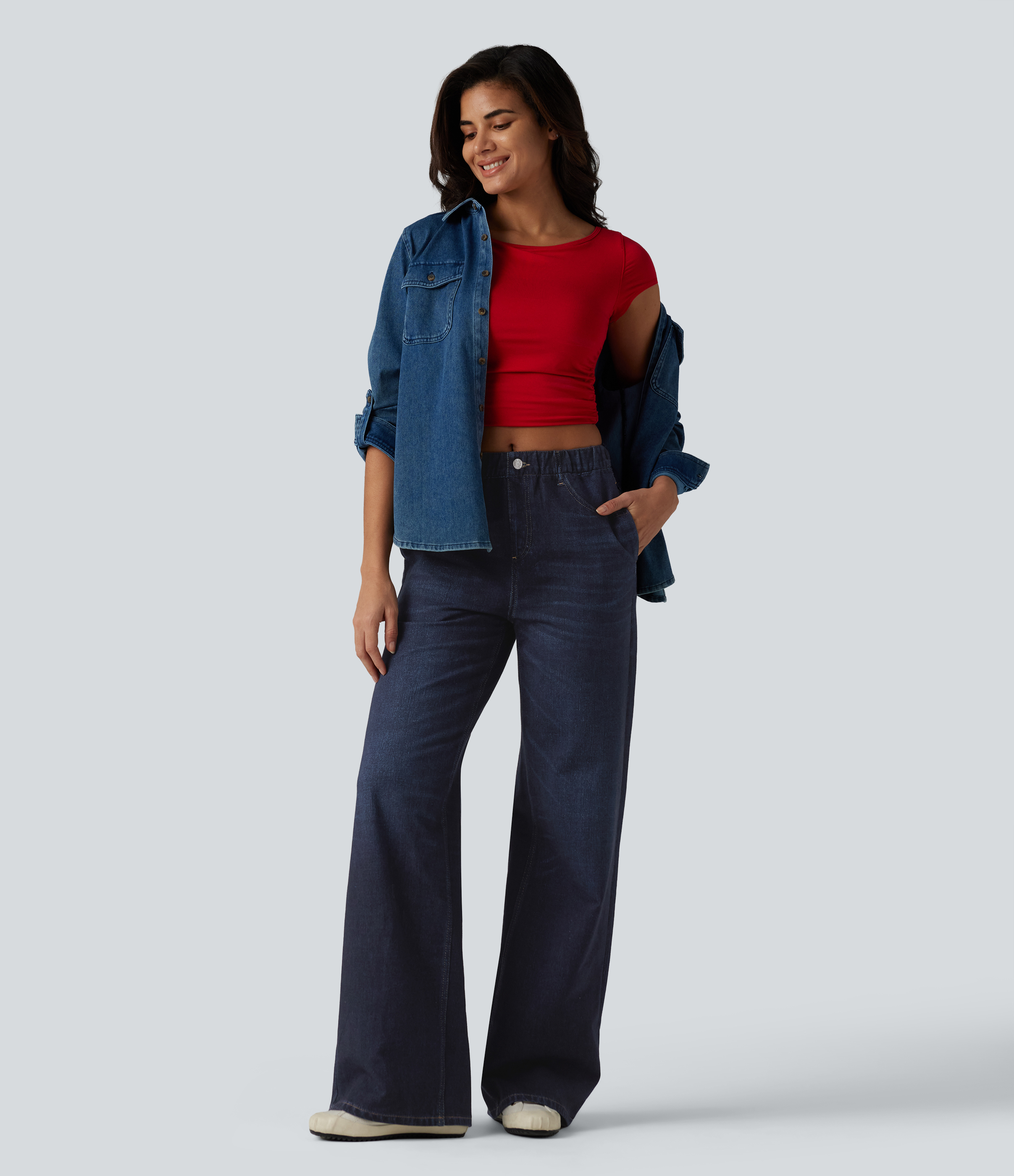 Mid Rise Denim Print French Terry Casual Sweatpants Jeans with Pockets - Pageant Indigo Denim
