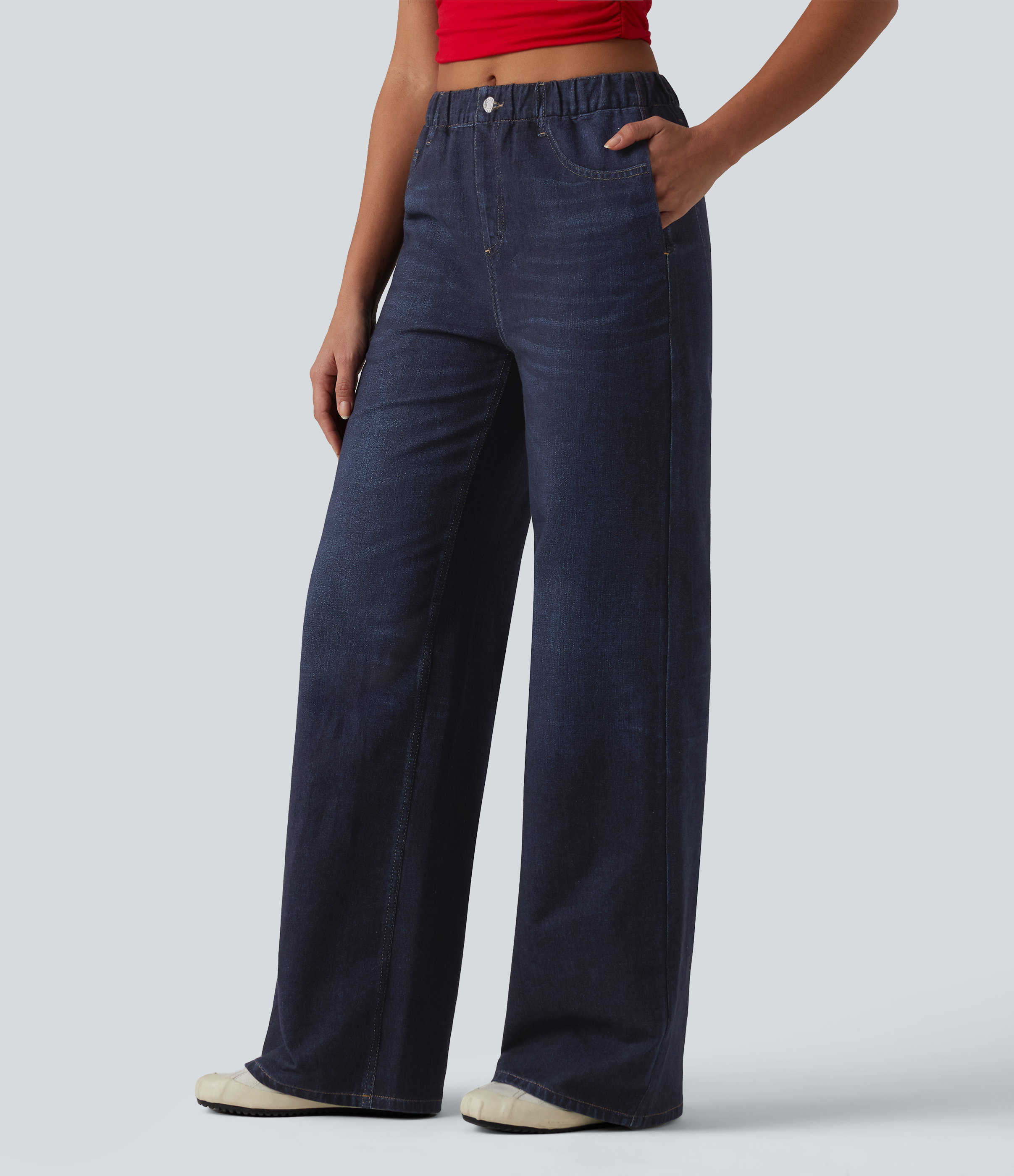 Mid Rise Denim Print French Terry Casual Sweatpants Jeans with Pockets - Pageant Indigo Denim