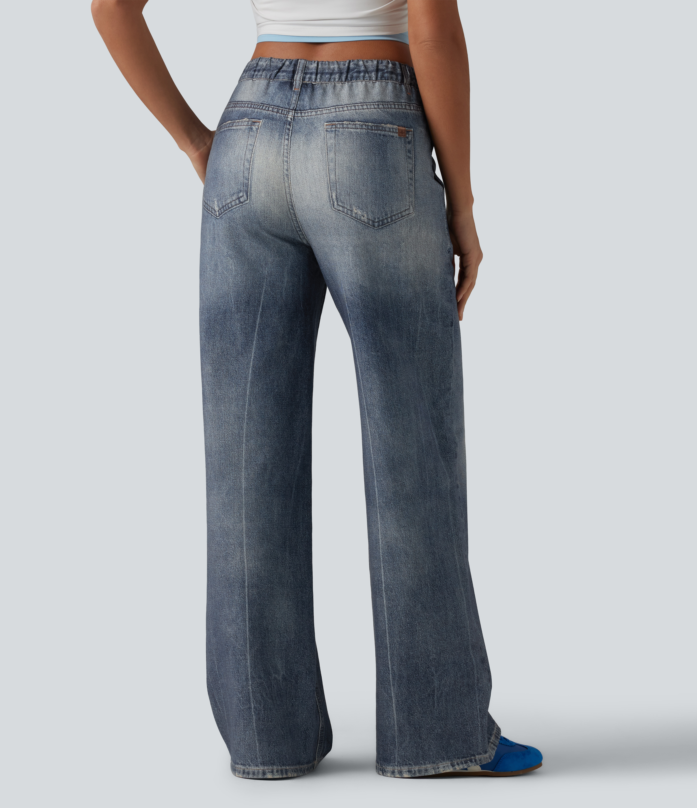 Mid Rise Denim Print French Terry Casual Sweatpants Jeans with Pockets - Washed Indigo Blue