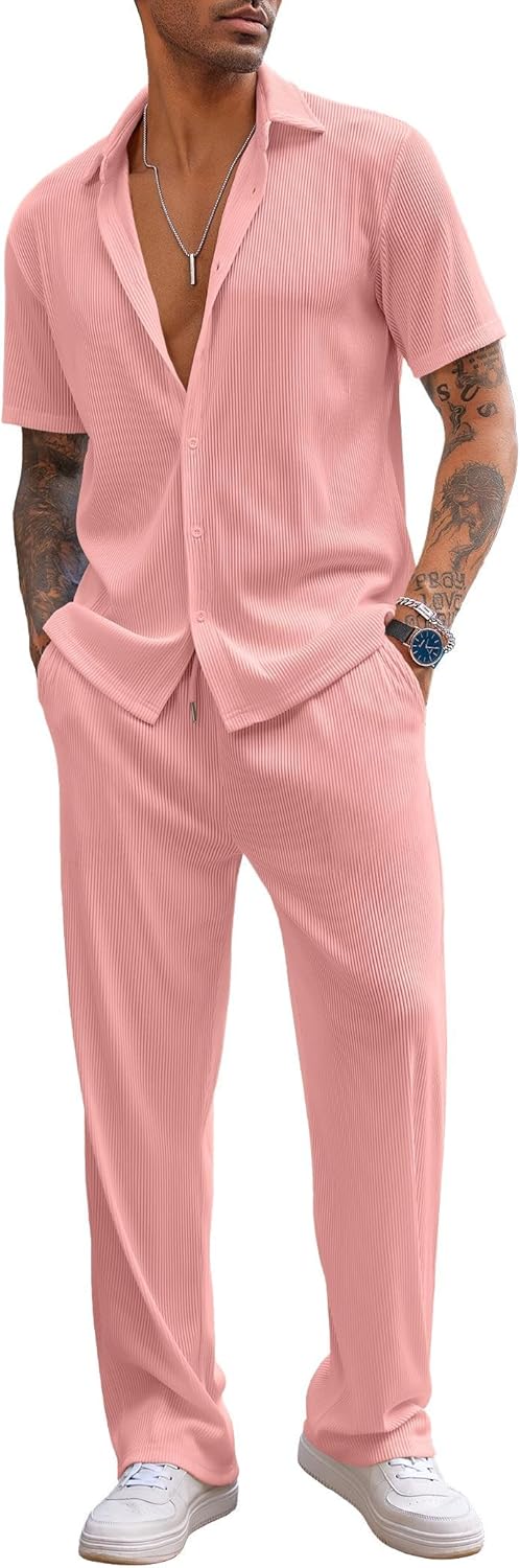 Men's 2 Piece Outfit Casual Short Sleeve Button Down Shirt Beach Summer Loose Pant Sets