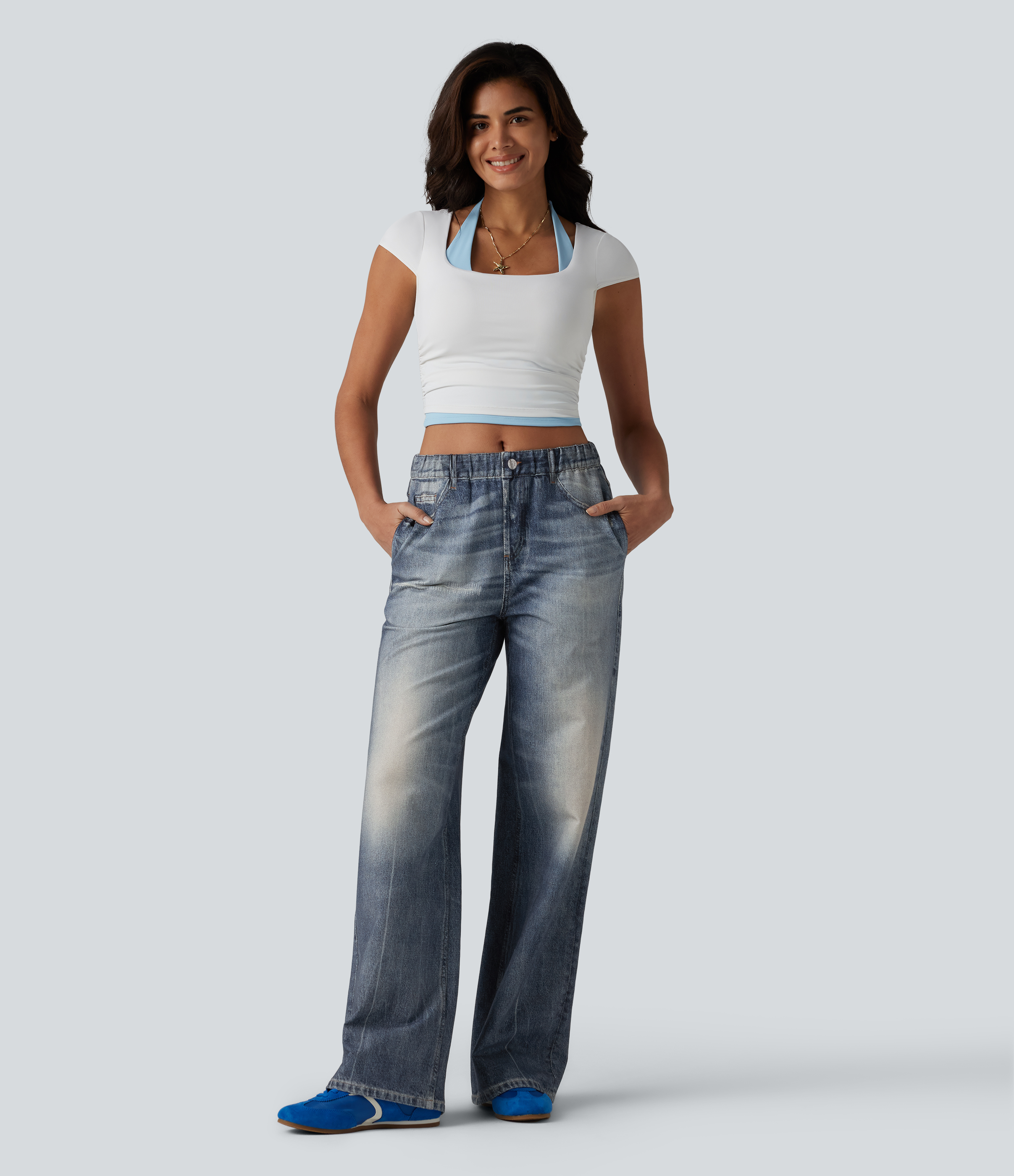 Mid Rise Denim Print French Terry Casual Sweatpants Jeans with Pockets - Washed Indigo Blue