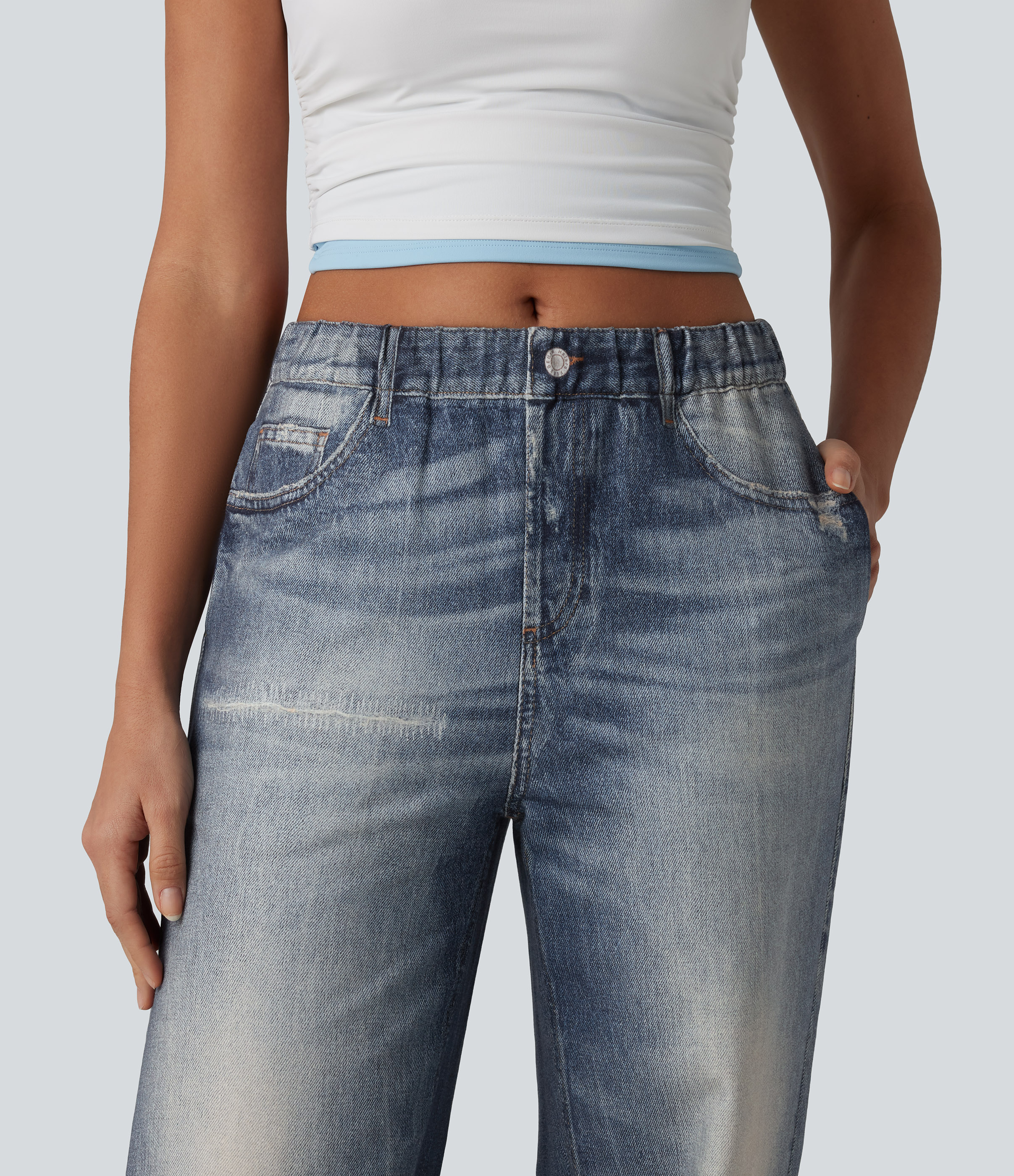Mid Rise Denim Print French Terry Casual Sweatpants Jeans with Pockets - Washed Indigo Blue